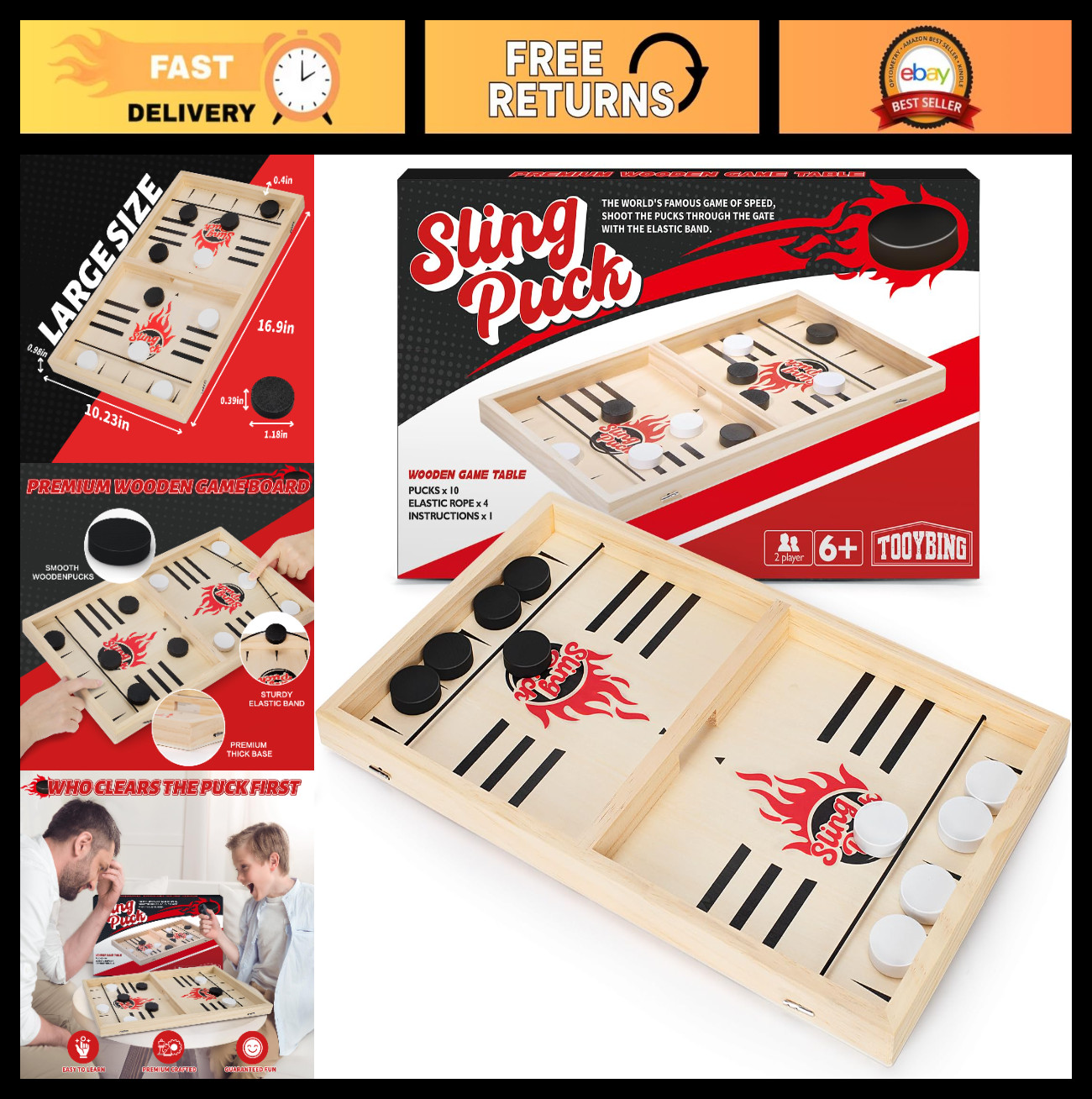 Large Fast Classic Slingshot Puck Game – Wooden Hockey Board for Family Fun, 2 P