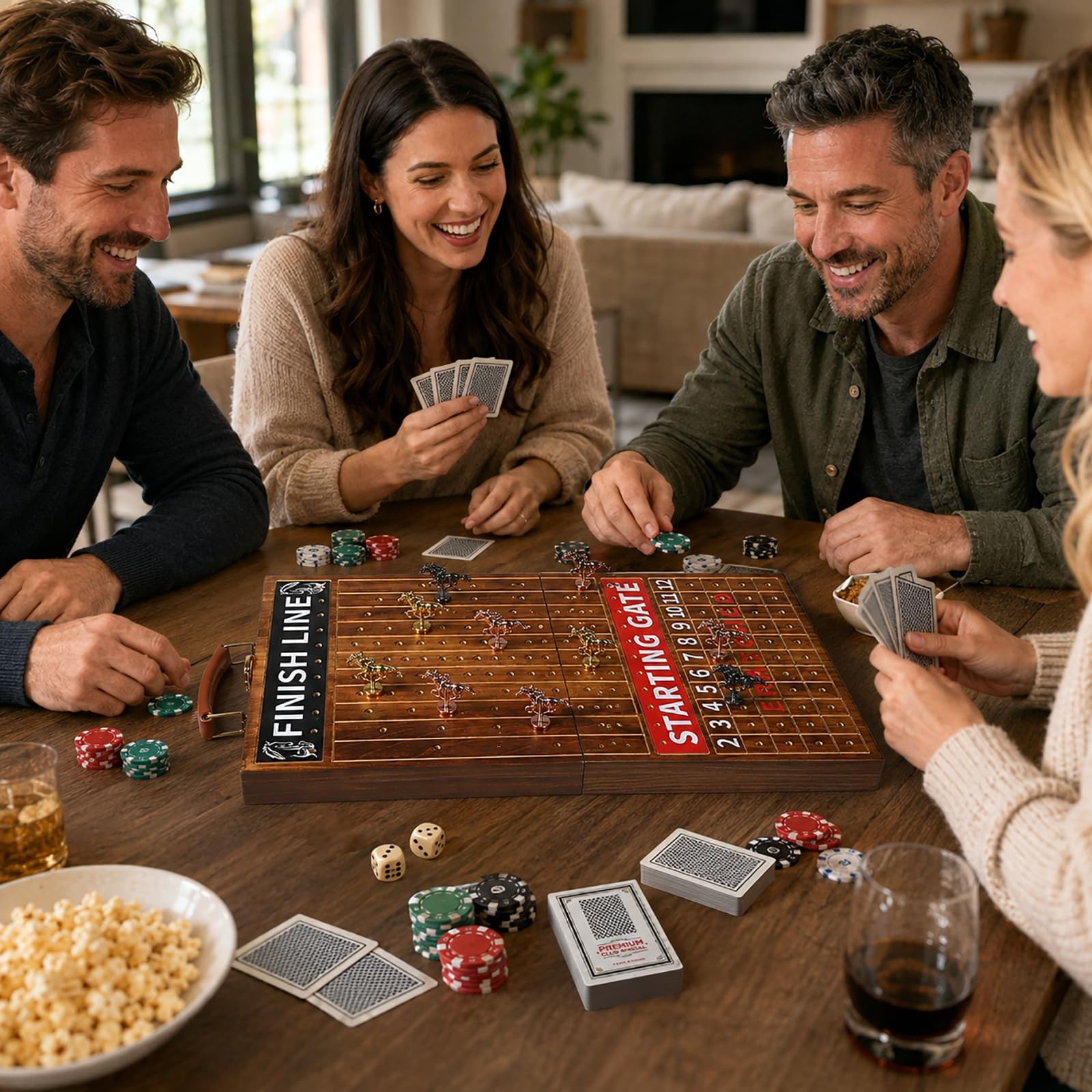 Wooden Finish Line Horse Racing Game 11 Metal Horses 2 Dice Cards Chips Adult