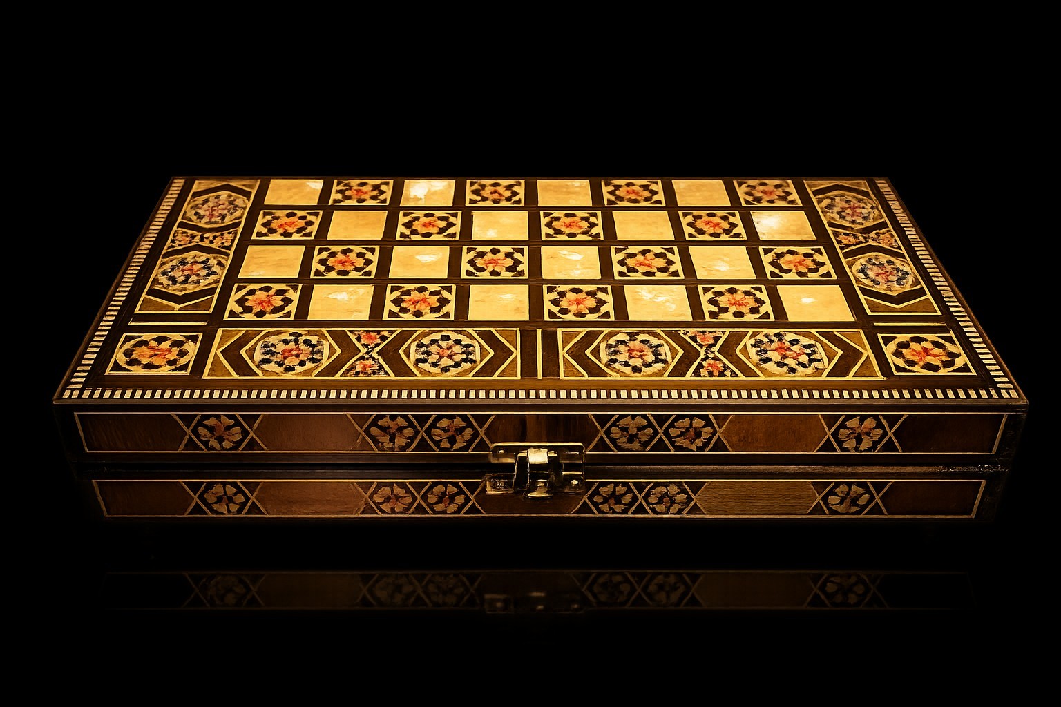 Vintage Mosaic Inlay Chess Backgammon Set Handcrafted Wood Marquetry Game Box