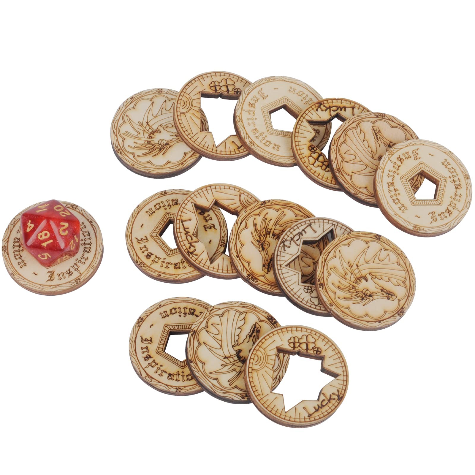 DND Tokens Laser Cut Wood Coins Set of 15 in 3 Styles – Lucky 1.35 inches