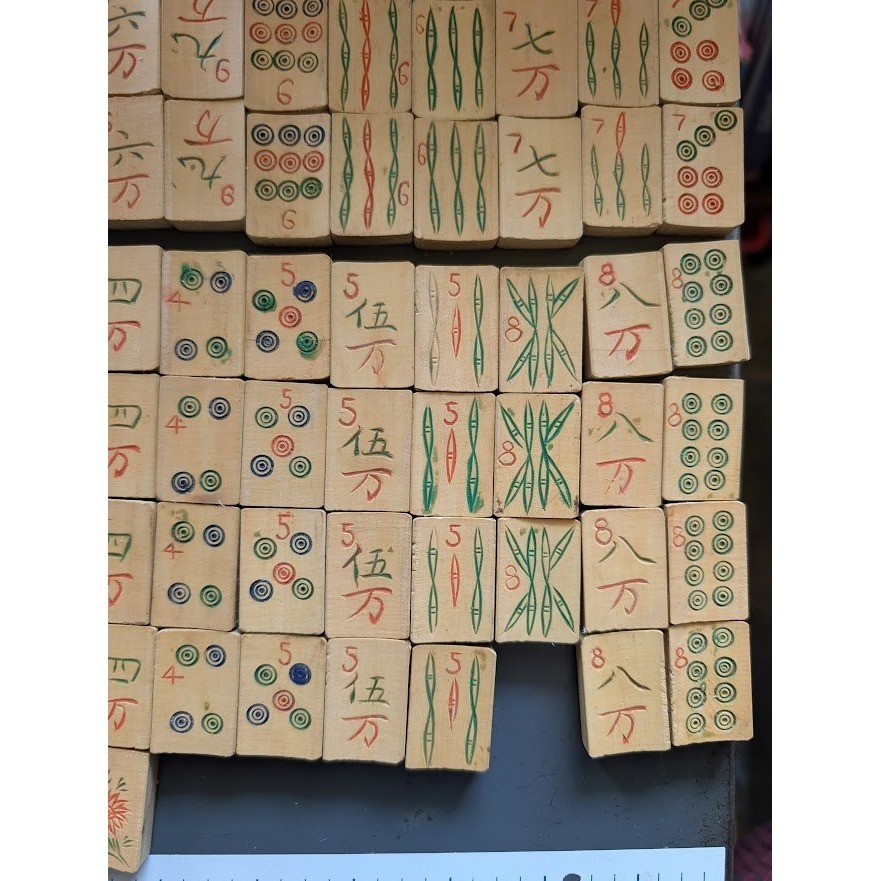 Antique 20s Admiral Mahjong Set Bone Bamboo Tiles Sticks Tin Box Hand Carved