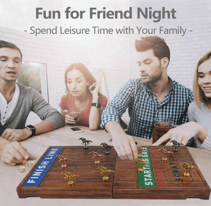 Wooden Finish Line Horse Racing Game with 11 Metal Horses, Dice, Cards Set Box