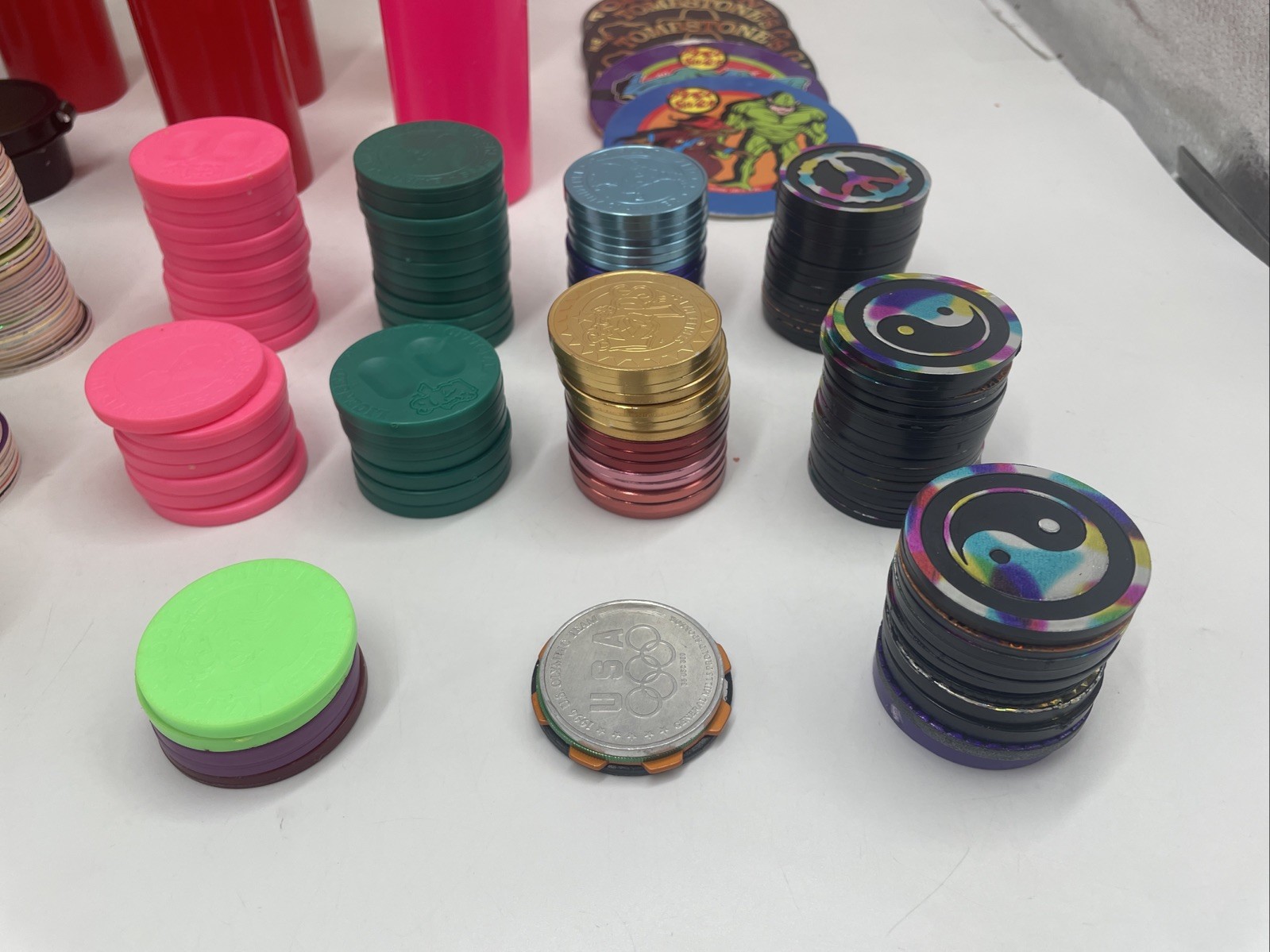 Large POGS Lot (825+ Milk Caps, 130+ Slammers, 10 Game Pads, 13 Tubes)