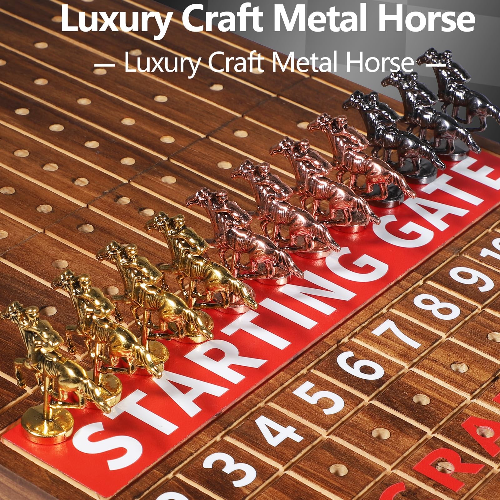 Wooden Finish Line Horse Racing Game 11 Metal Horses 2 Dice Cards Chips Adult
