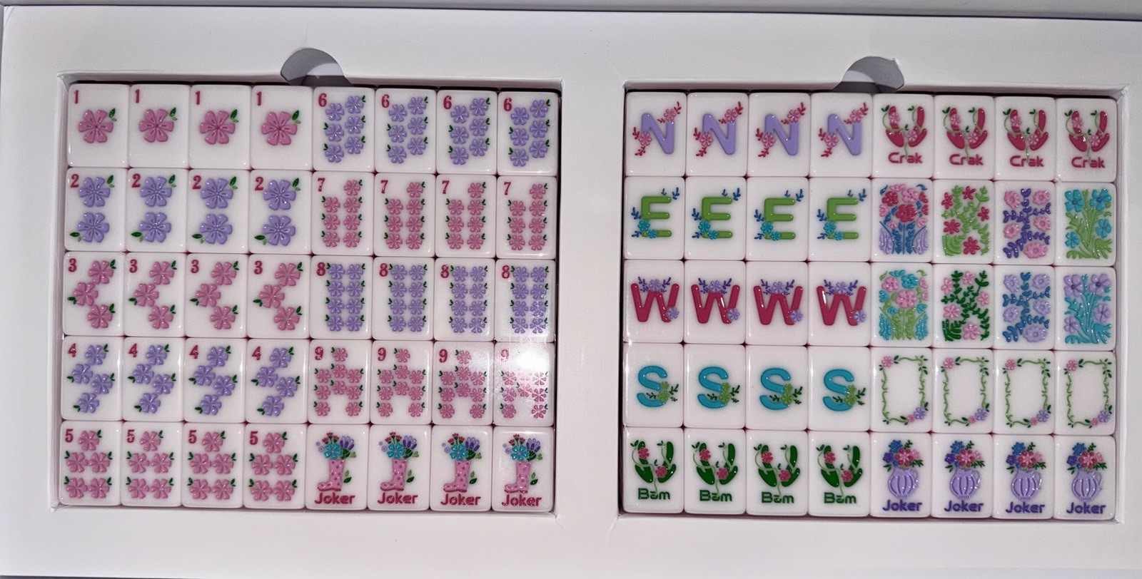 VIRORA ‘Florea’ Mahjong Set, 160 Purple 4-Layer Tiles, Tile Bag, Box & 4 Dice