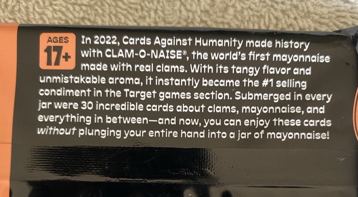 CARDS AGAINST HUMANITY 2-Expansion Packs Clam-O-Naise Culture Wars 60-Cards NEW