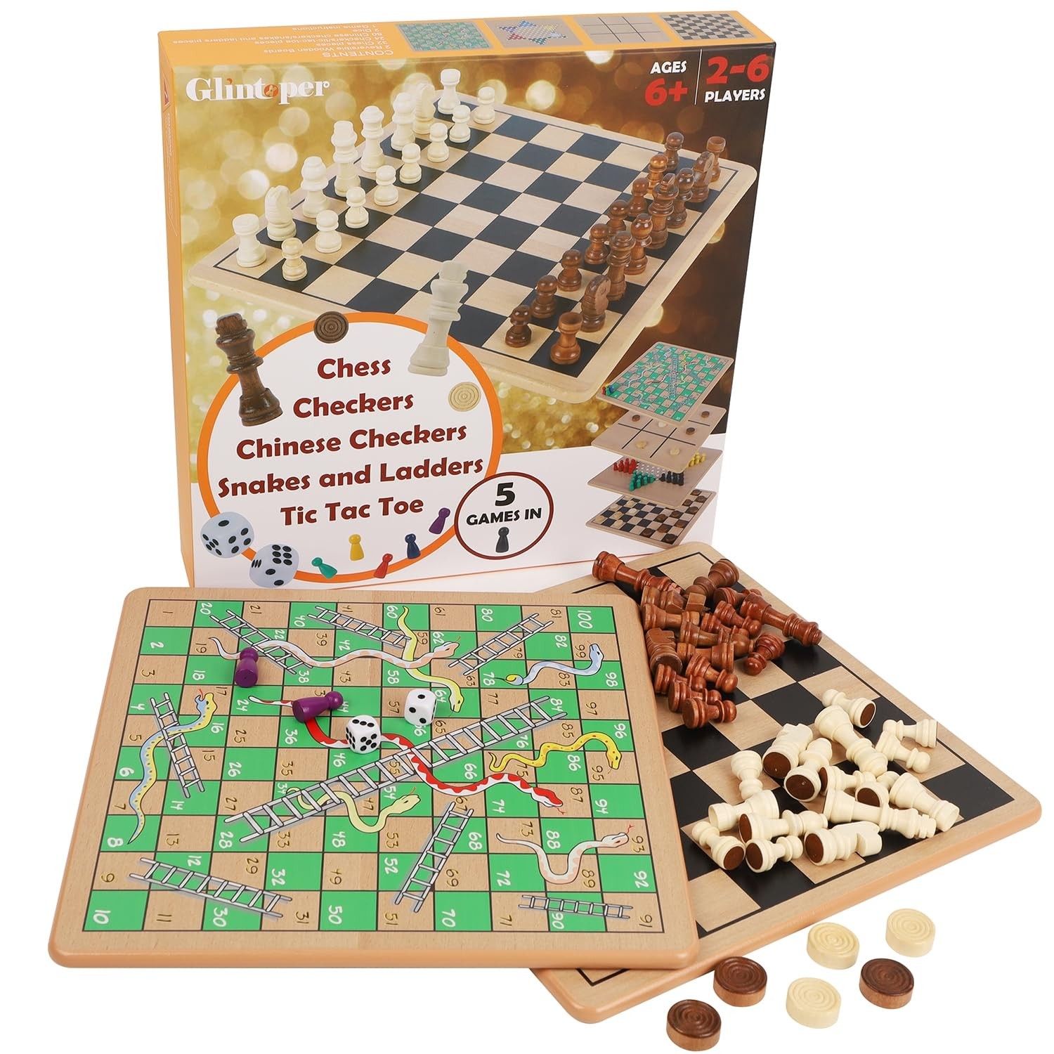 5-in-1 Wooden Board Game with 2 Reversible Boards for Chess, Checkers, Chines…
