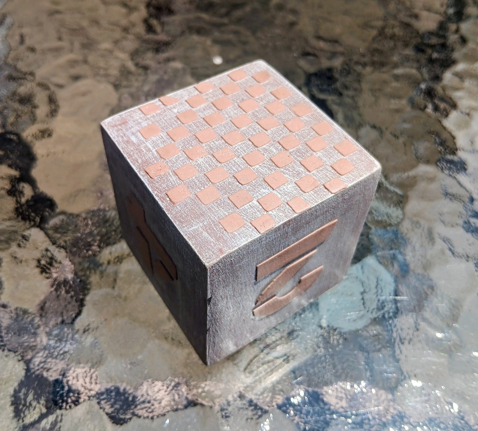 Jumbo 2.25 Inch Vintage Wooden Doubling Cube, Tan On Gray, Rare, Beautiful!