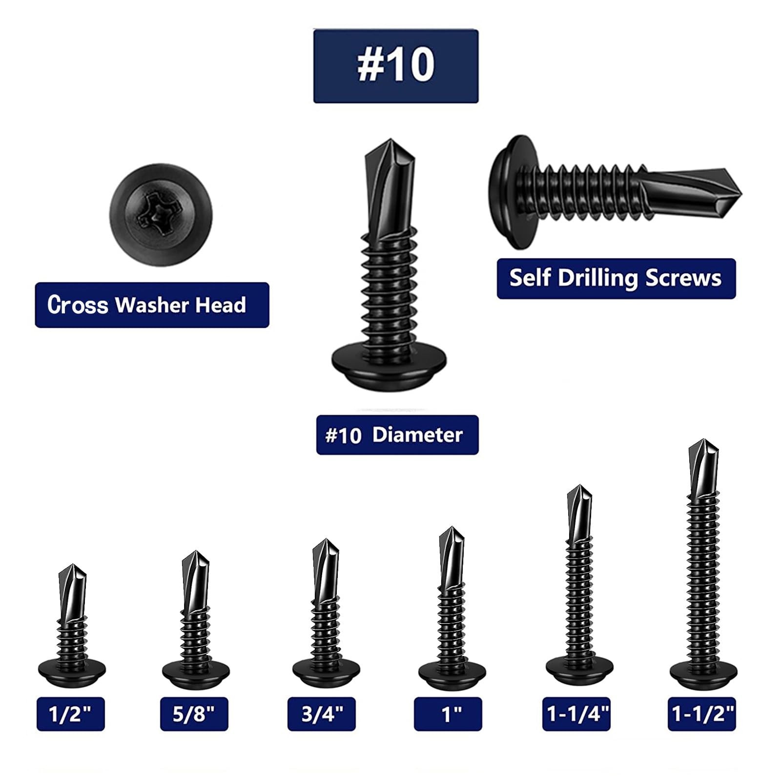 100PCS #10×5/8 Black Crosshead 410 Stainless Steel Self-Drilling Screws Modif…