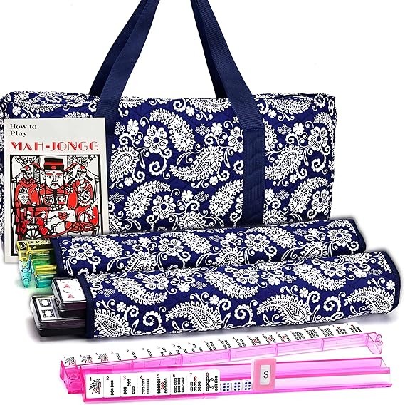 Mose Cafolo American Mahjong Set, Blue Paisley Carrying Bag,166 Premium White