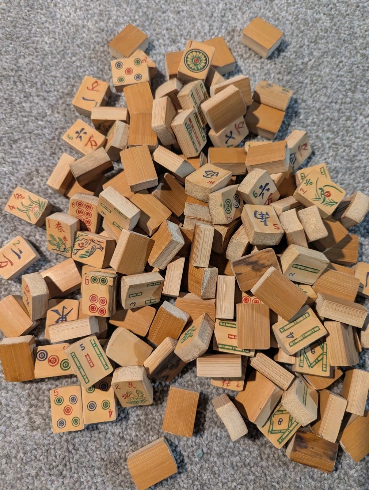 Antique Mahjong Set Bone Bamboo 140 Tiles + 8 Blank & Extras Metal Tin Chinese