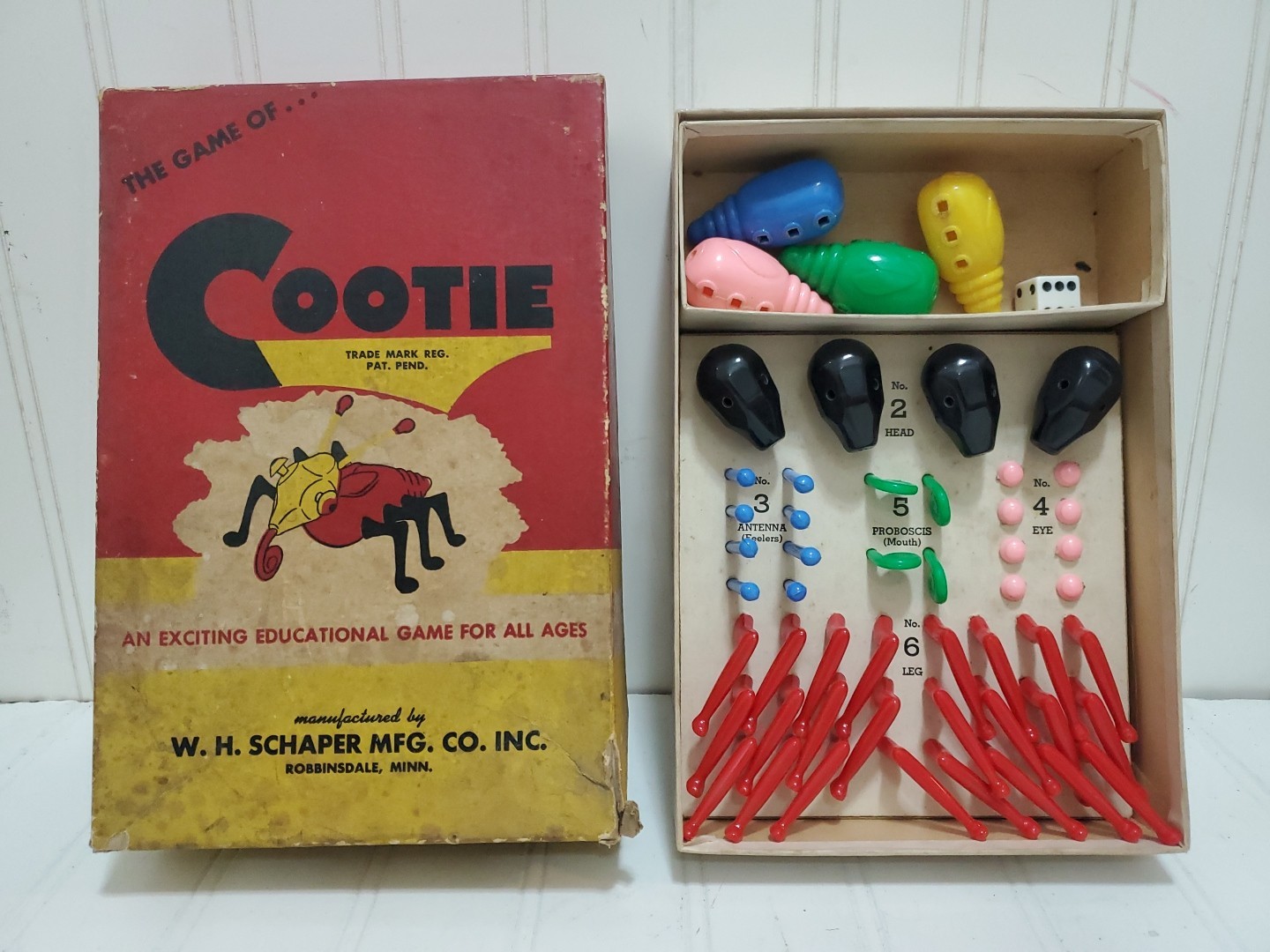 Vtg Bug Board / Dice Game: “COOTIE” 1949 Original Box W.H. Schaper MFG. Complete