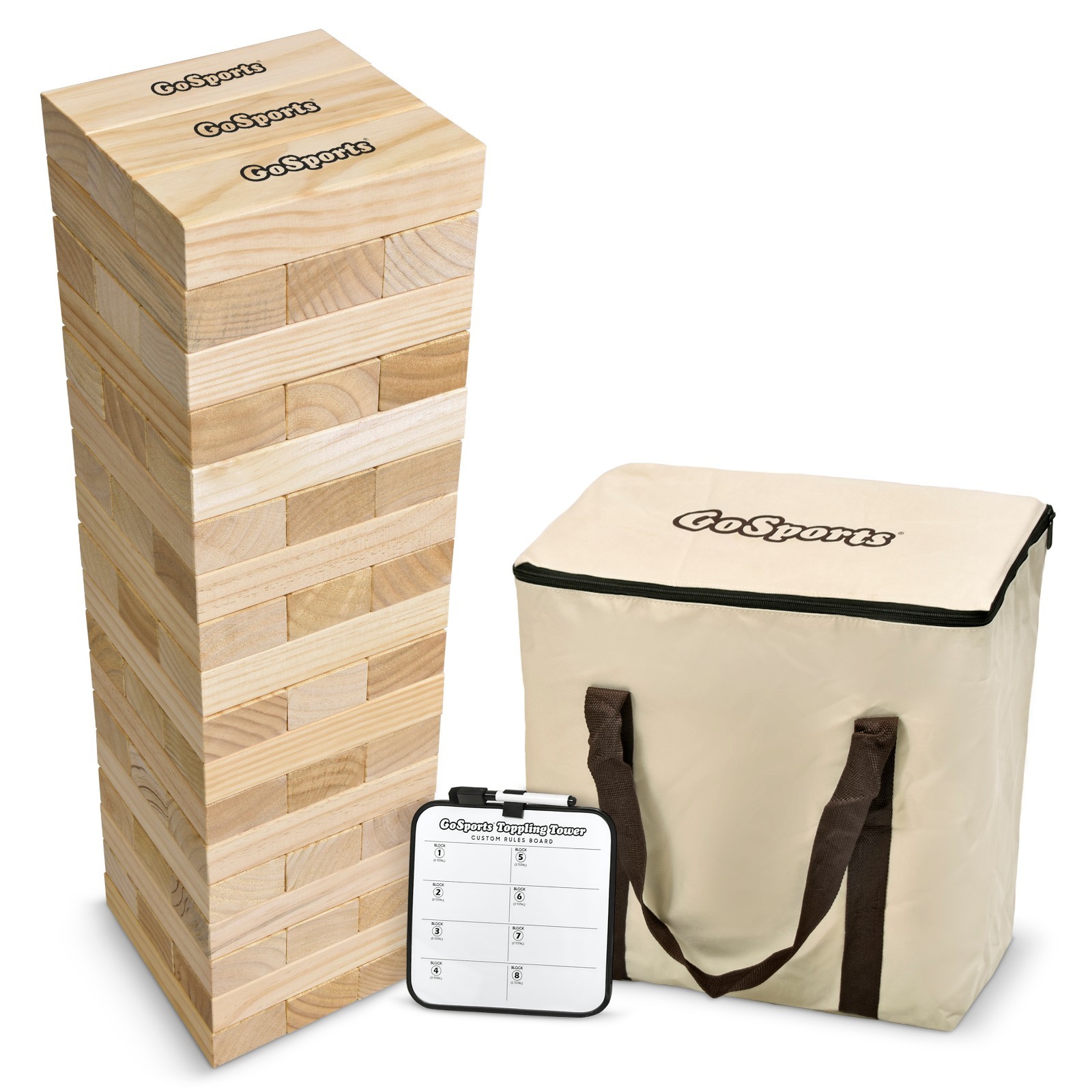 GoSports Giant Toppling Tower + Dry Erase Board for Custom Rules