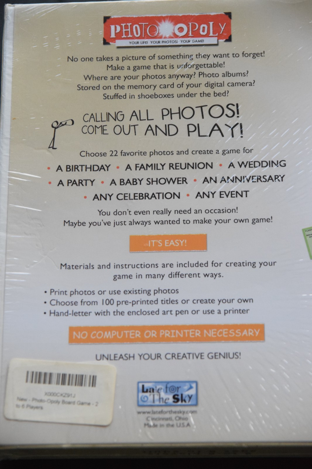 Late for the Sky Photo-Opoly Customizable Photography Board Game New Sealed