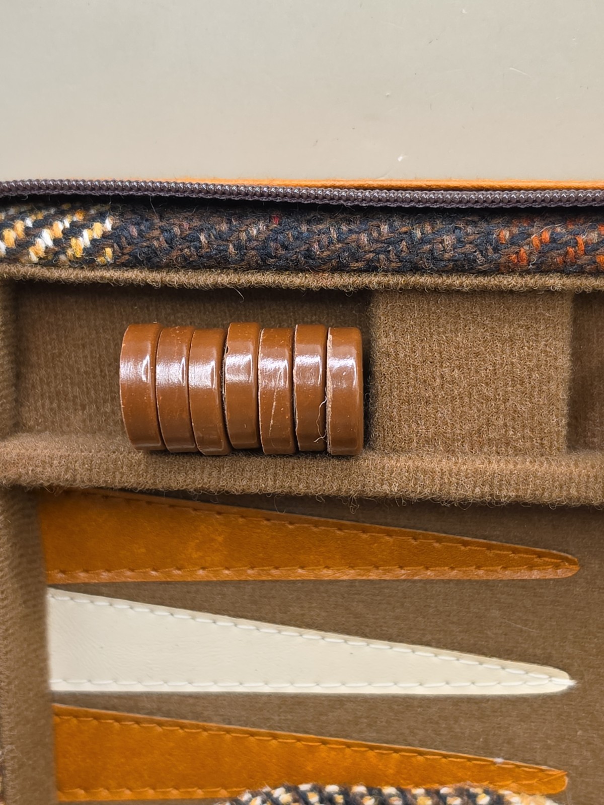 Vintage Backgammon Set Zippered Travel Case Brown Plaid Wool & Leather Complete