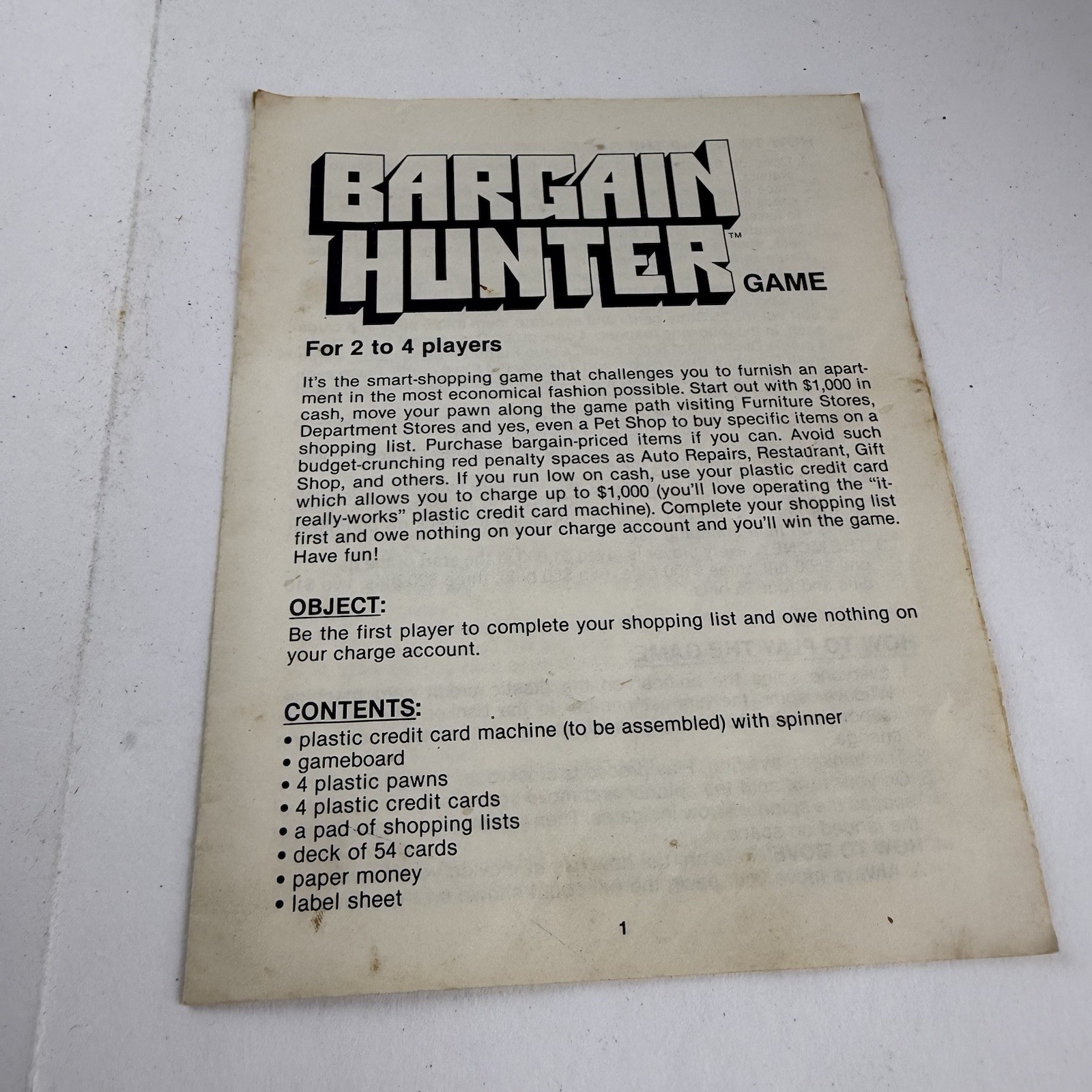 Vintage Bargain Hunter Board Game Replacement Instruction Manual ONLY