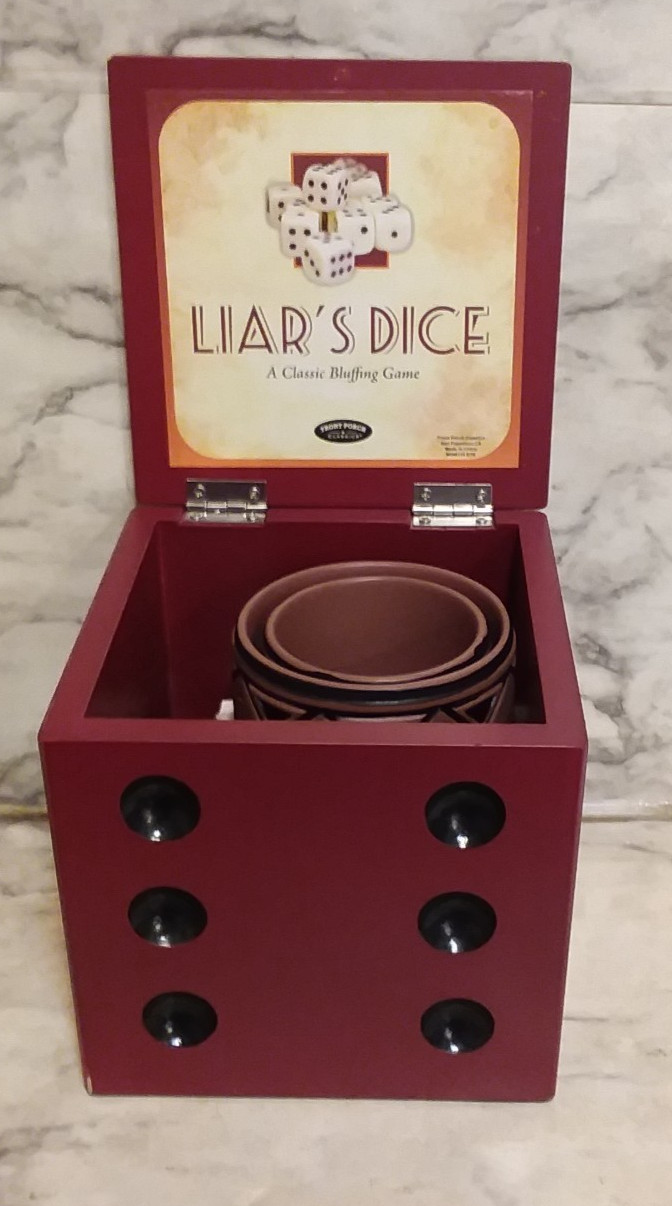 LIARS DICE Game in Wood Die Cube Storage Box – COMPLETE – Front Porch Classics