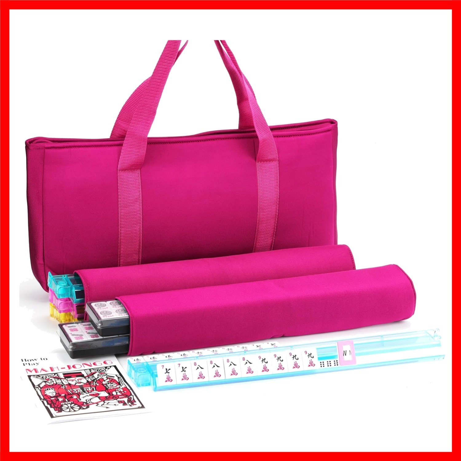 American Mahjong Game Set, Pinky Red Carrying Bag,166 White Tiles,4 Color Ra…