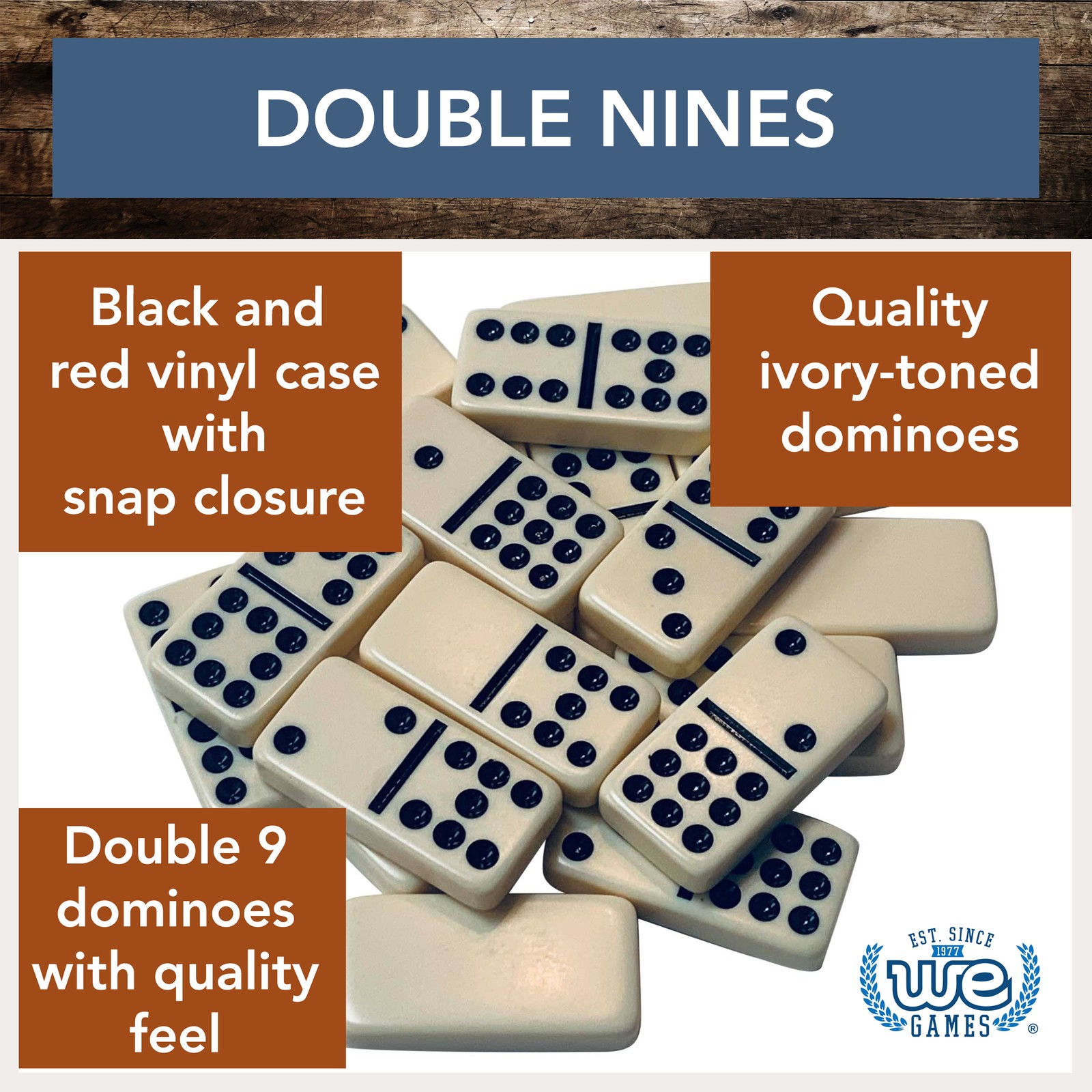 WE Games Double Nine Dominoes – Ivory Color Tiles, Club Size