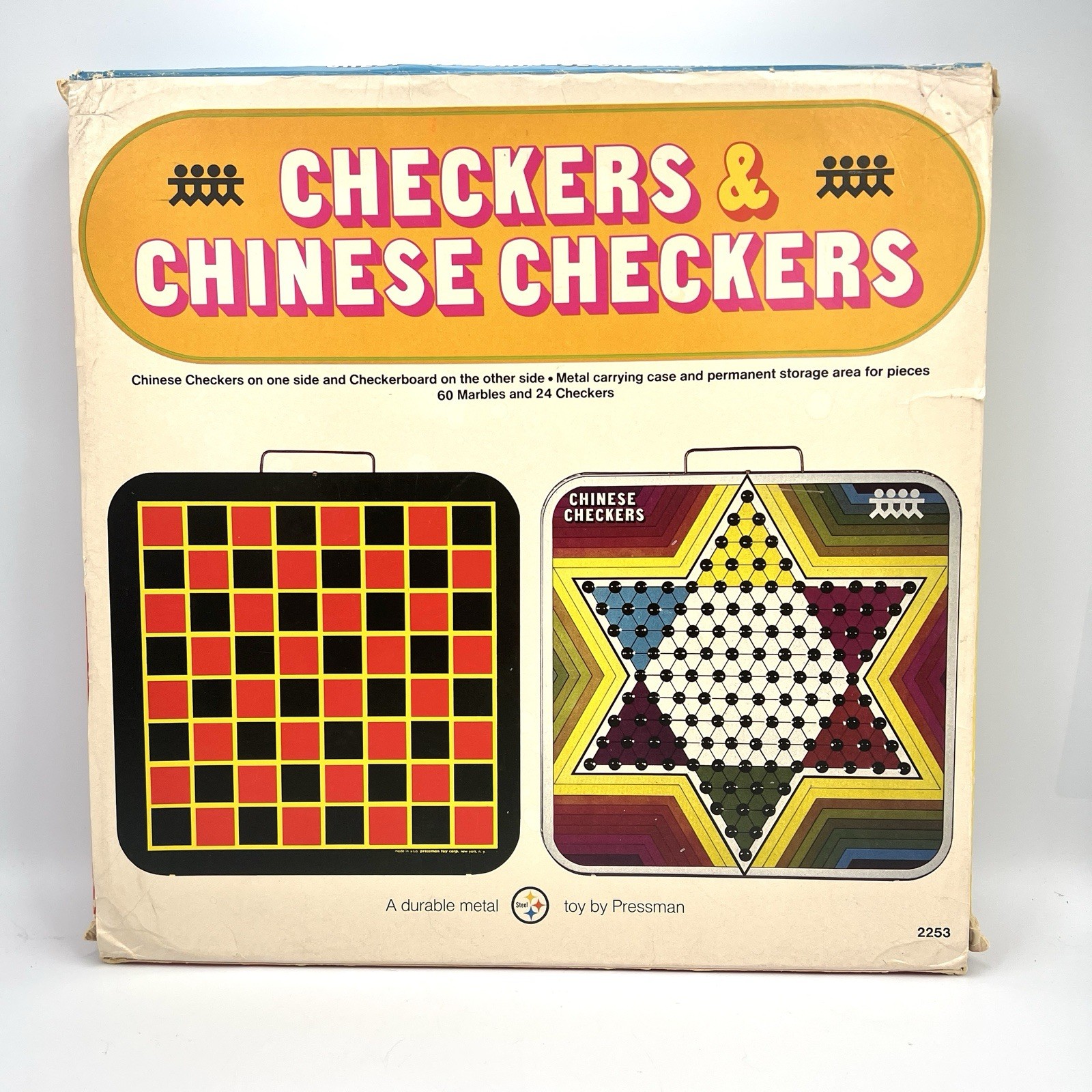 Vintage Pressman CHINESE CHECKERS /CHECKERS Tin Board 14″ Marbles