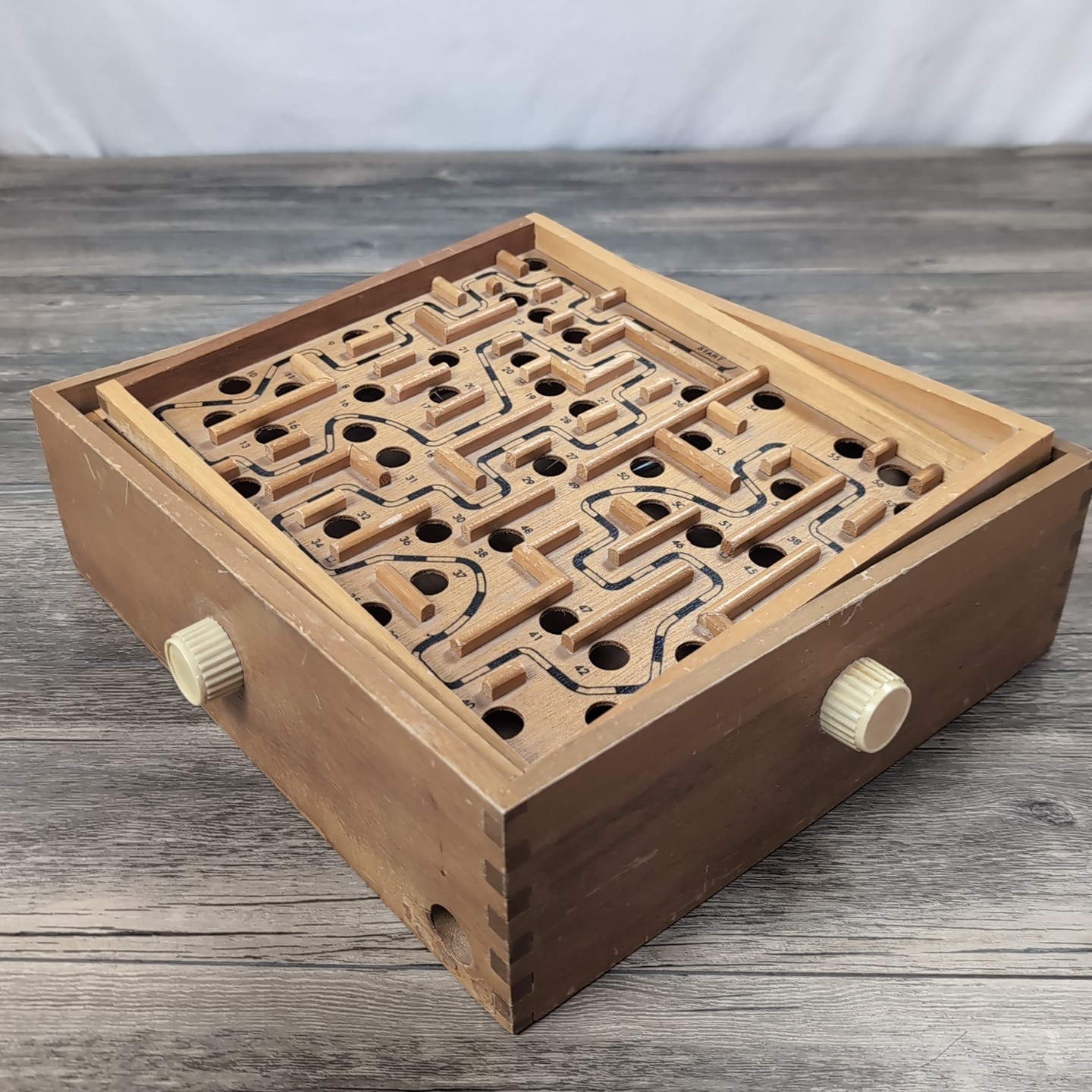 Vtg 1960s Marble Labyrinth Wood Tilt Maze 2 Knob Game Missing Ball 13×11.5″