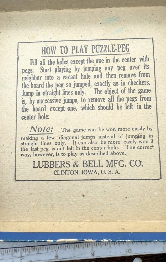 Vintage Puzzle Peg Game Lubbers & Bell MFG. Co. Clinton Iowa 1931 looks complete