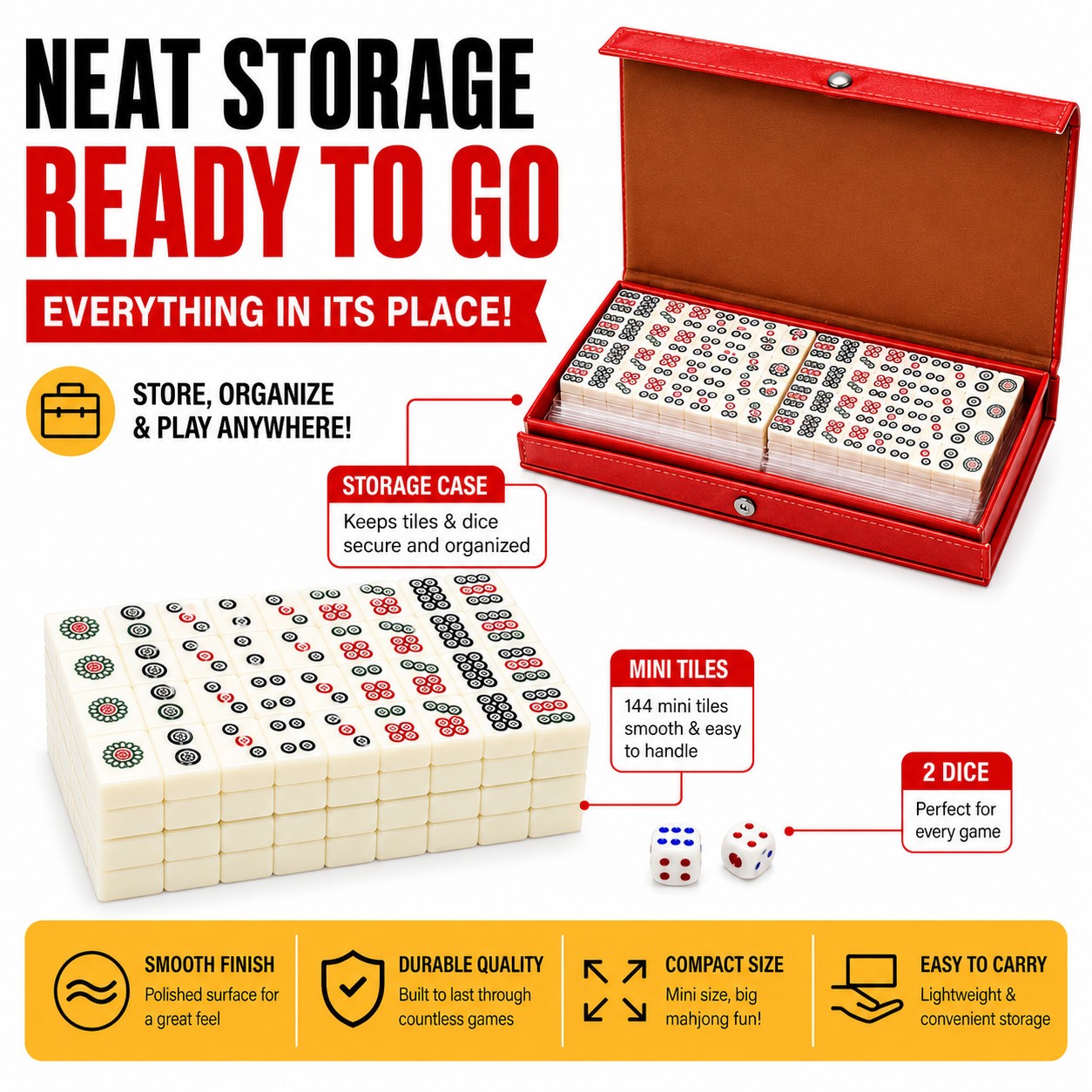 Travel Mini Mahjong Set 144 Tiles 2 Dice Red Carry Case Family Tabletop Game Toy