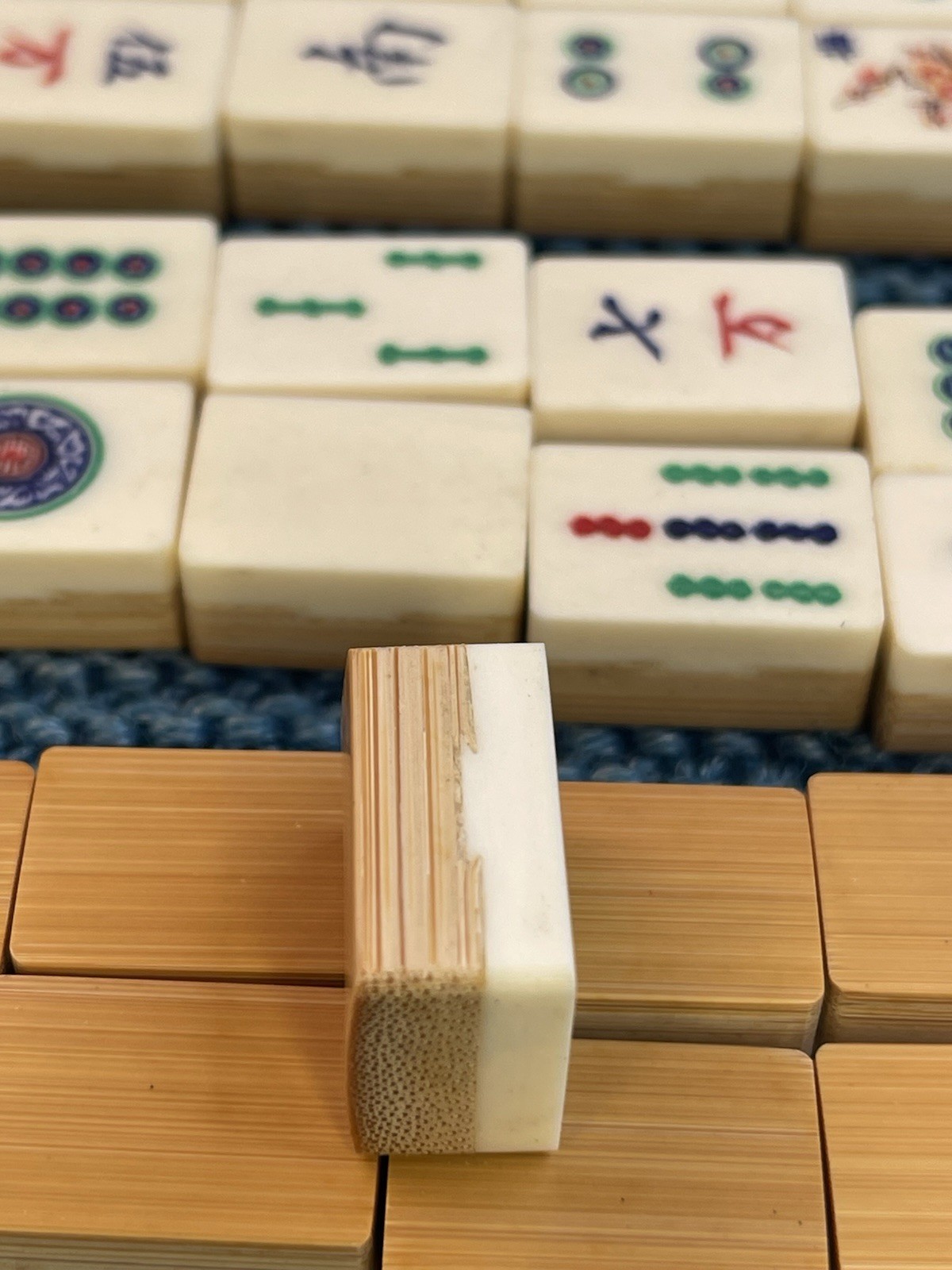 Antique 1920s Chinese Mahjong Set Bone & Bamboo Dovetail Tiles VTG
