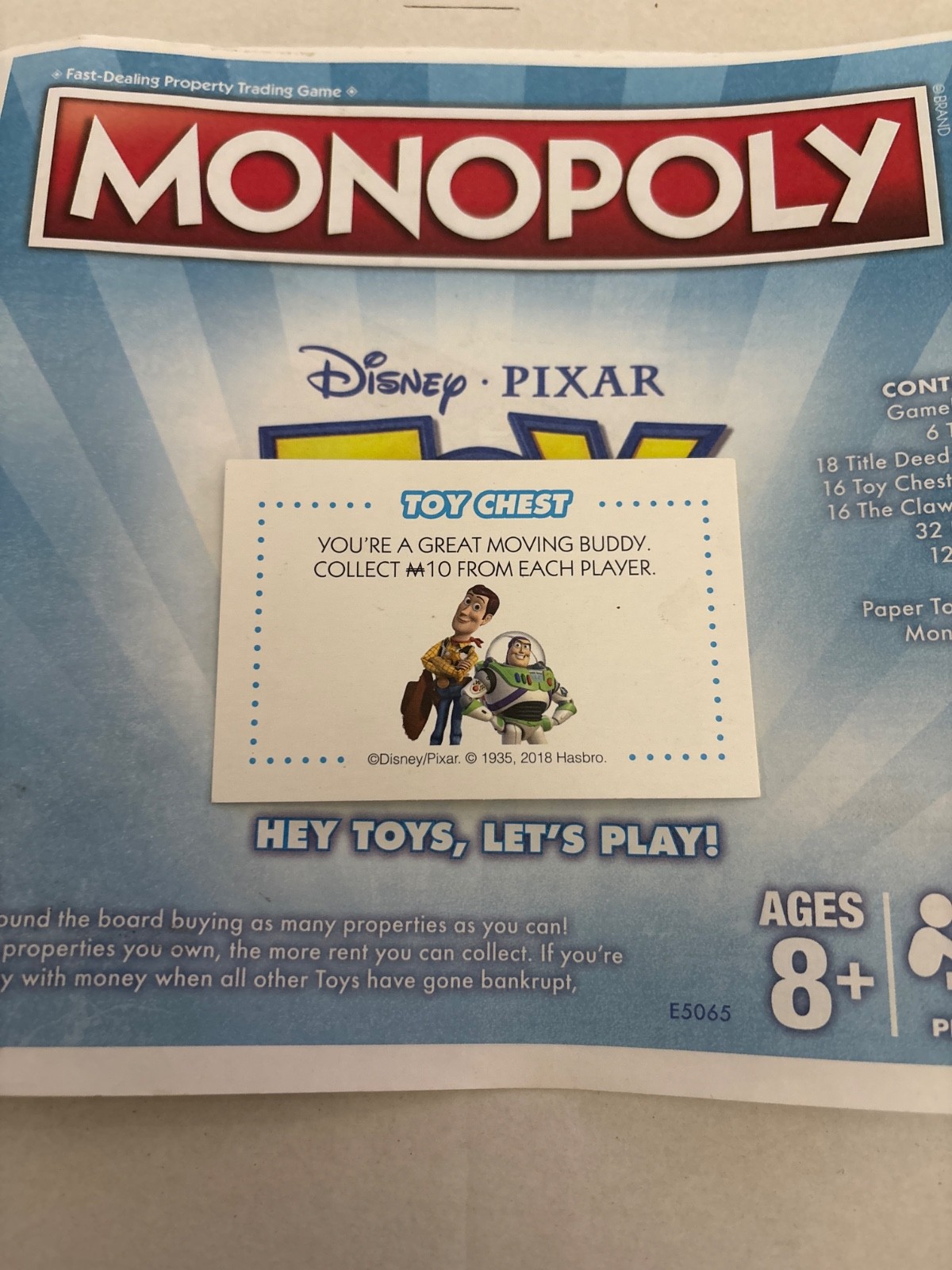 2018 Monopoly Toy Story You’re A Great Moving Buddy Community Chest Card Game