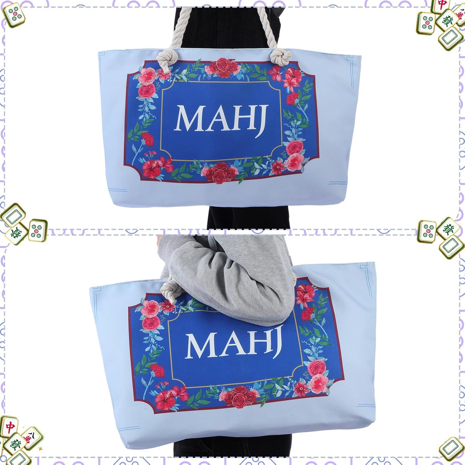 Mahjong Bag Set for Tiles and Racks Cotton Canvas 24x13x4.7 Inch Red Flowers