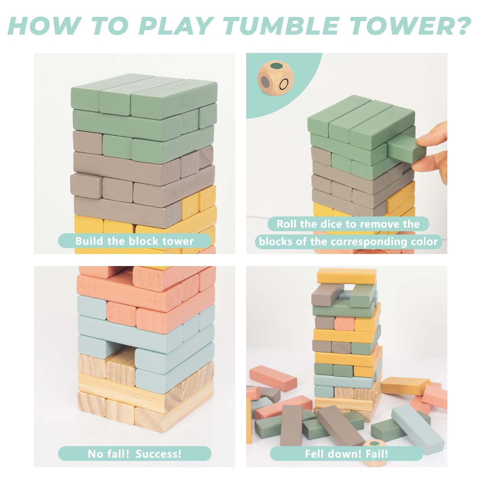 Wooden Blocks Stacking Games, 48PCS Tumbling Stacking Blocks Game for Kids and F
