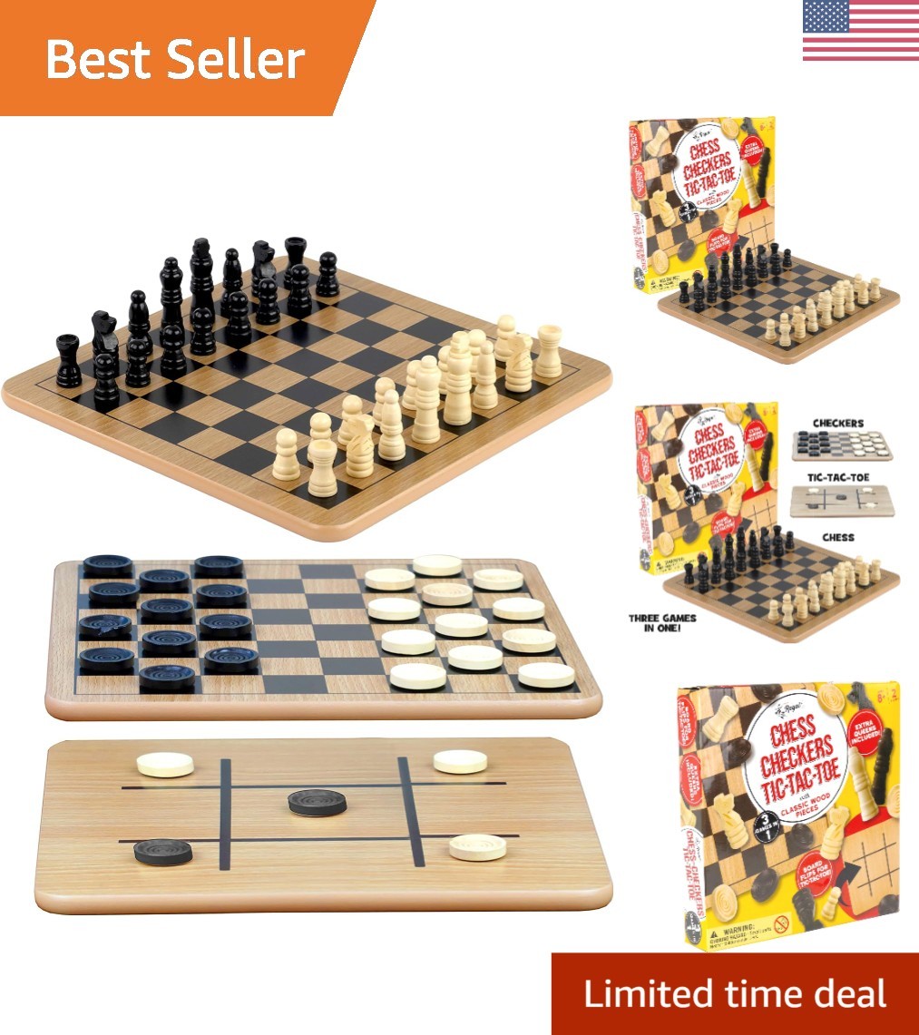 Elegant Reversible Wooden Board Game Set: Chess, Checkers & Tic-Tac-Toe 10.5″