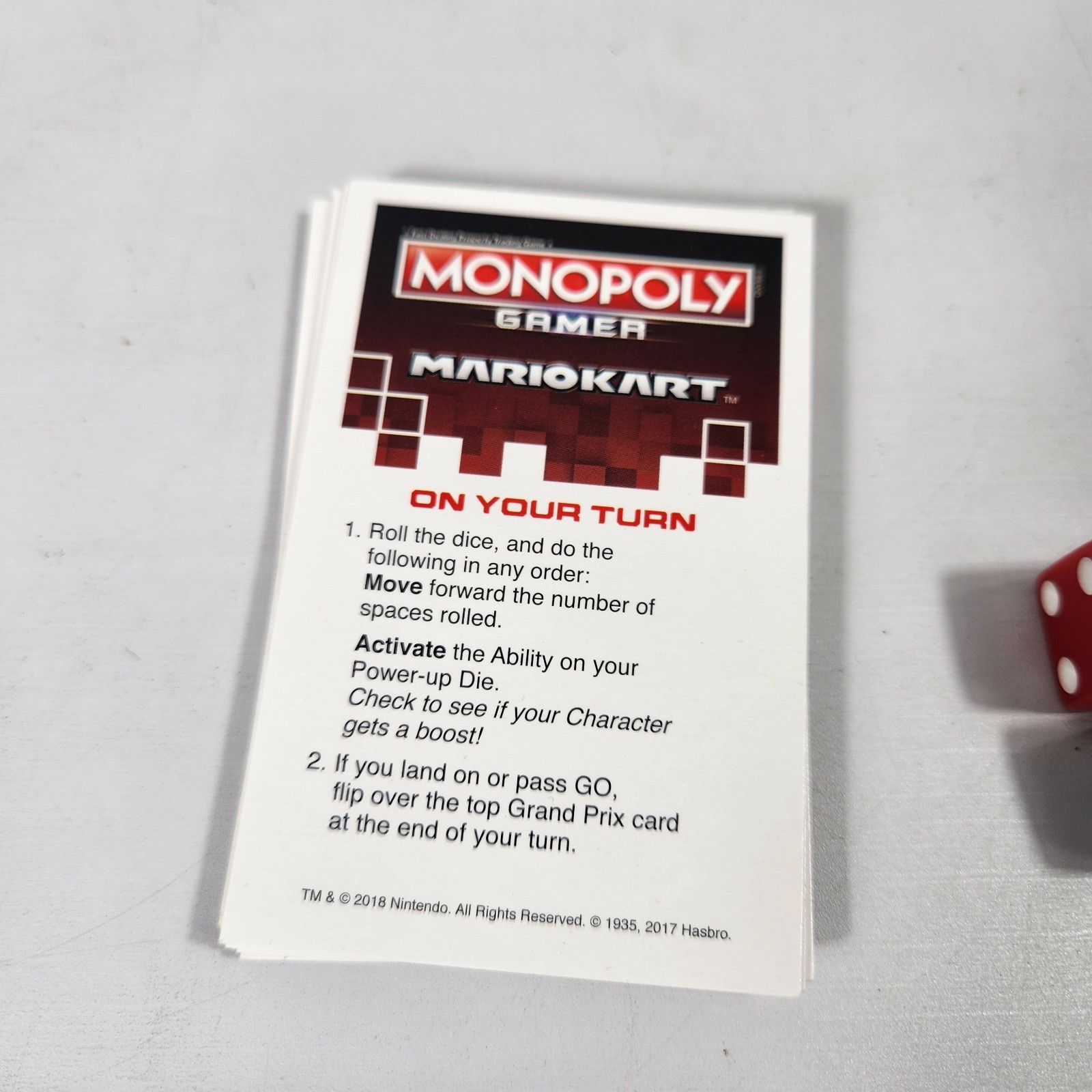 Hasbro Monopoly Gamer Mario Kart Board Game 2018 PARTS ONLY Cards and dice