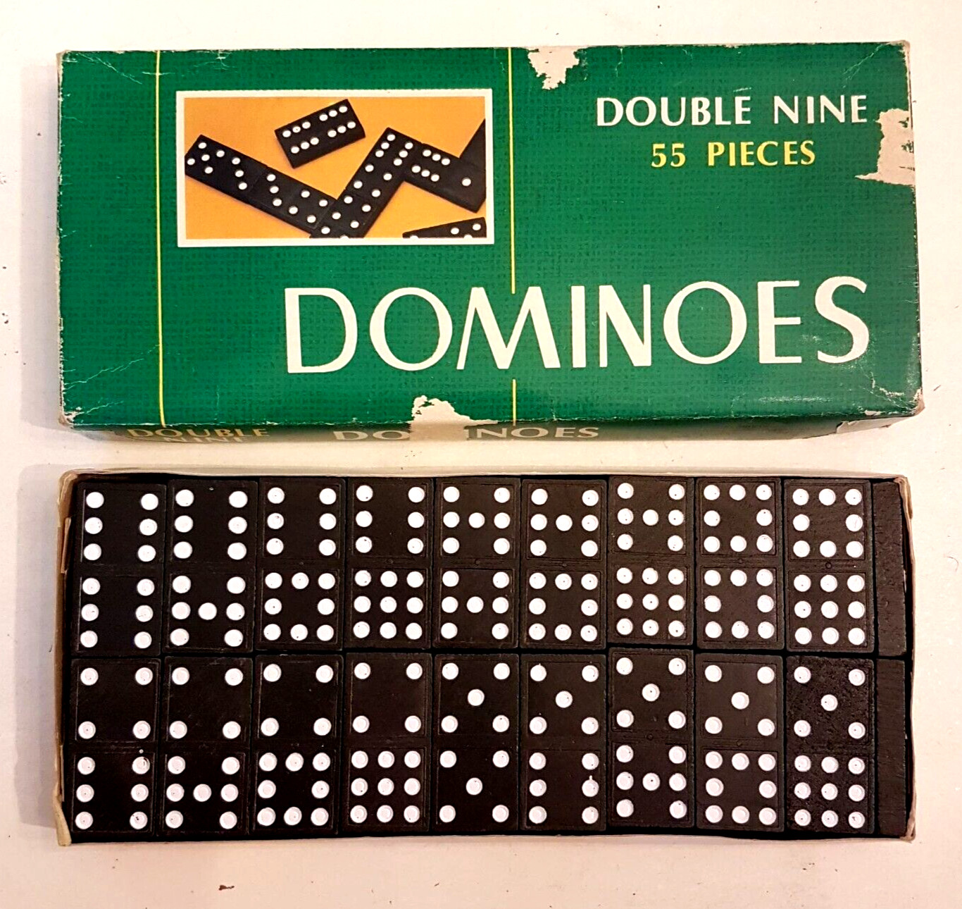 Double Nine Wooden Dominoes, COMPLETE in box – 55 bricks for 2 to 6 players