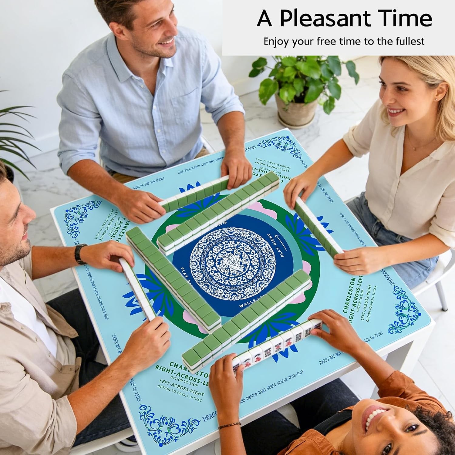 Blue Mahjong Mat for Table, American Mahjong Mat with Printed Rules, 31.5″ x 31.