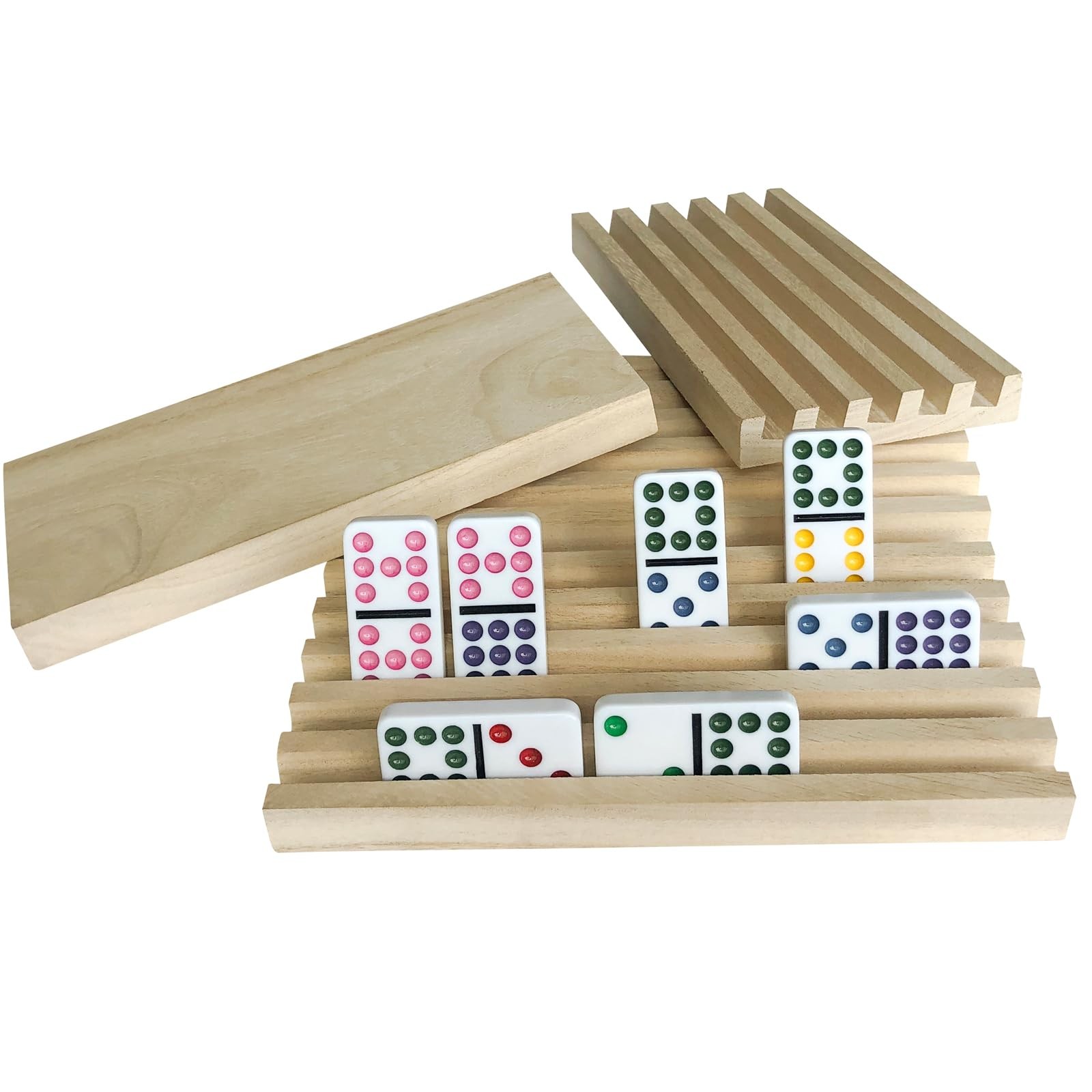 Yuanhe Domino Holder Trays Rack – Set of 4 Wooden Tiles Stand Holders for Mexica