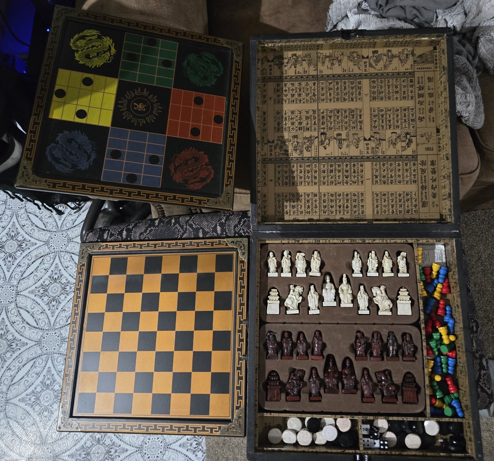 Vintage Red Chinese Game Set Wood Box Dragon & Phoenix Chess Backgammon Checkers