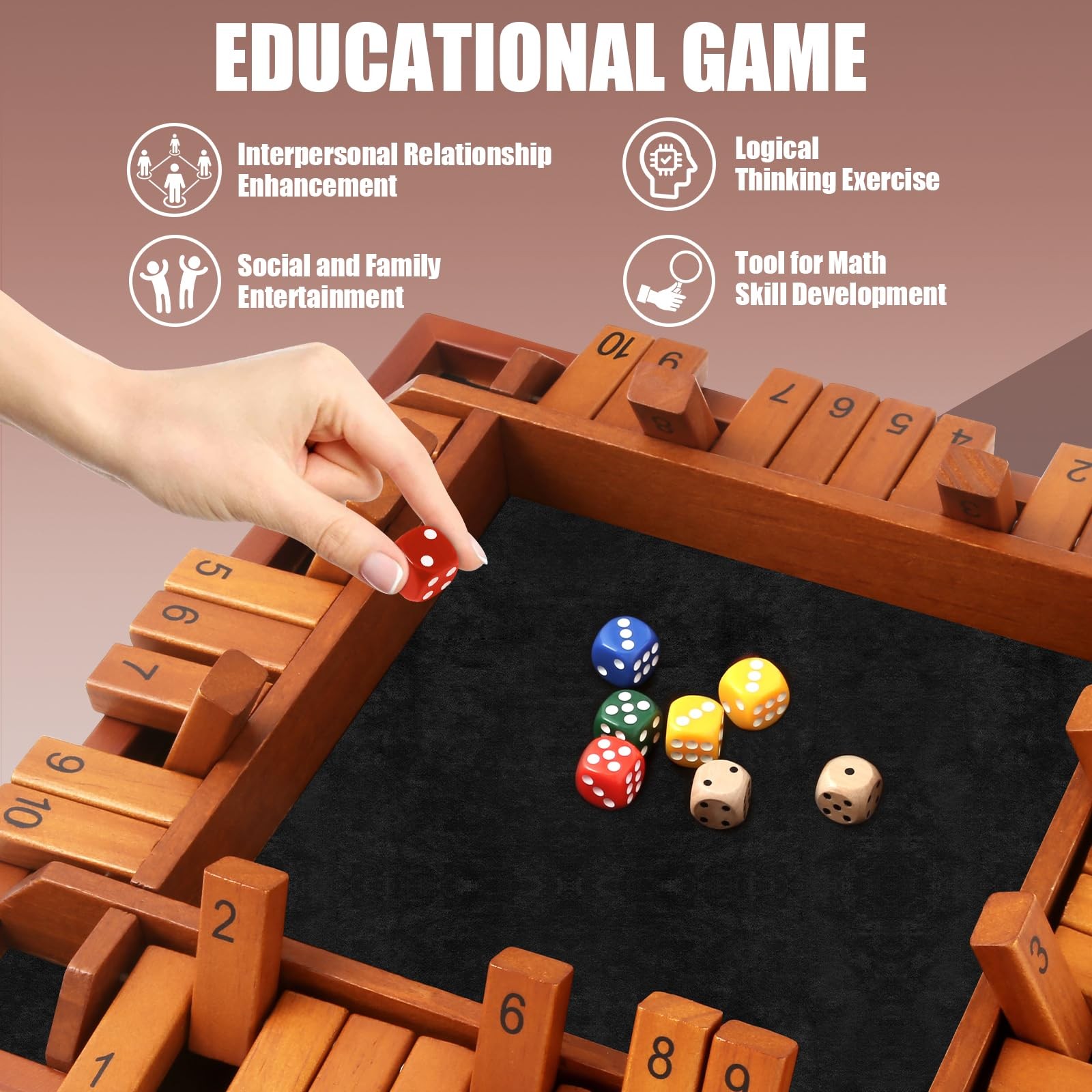 4 Players Shut the Box Dice Games, Wooden Board Table Math Game with 12 Dice …