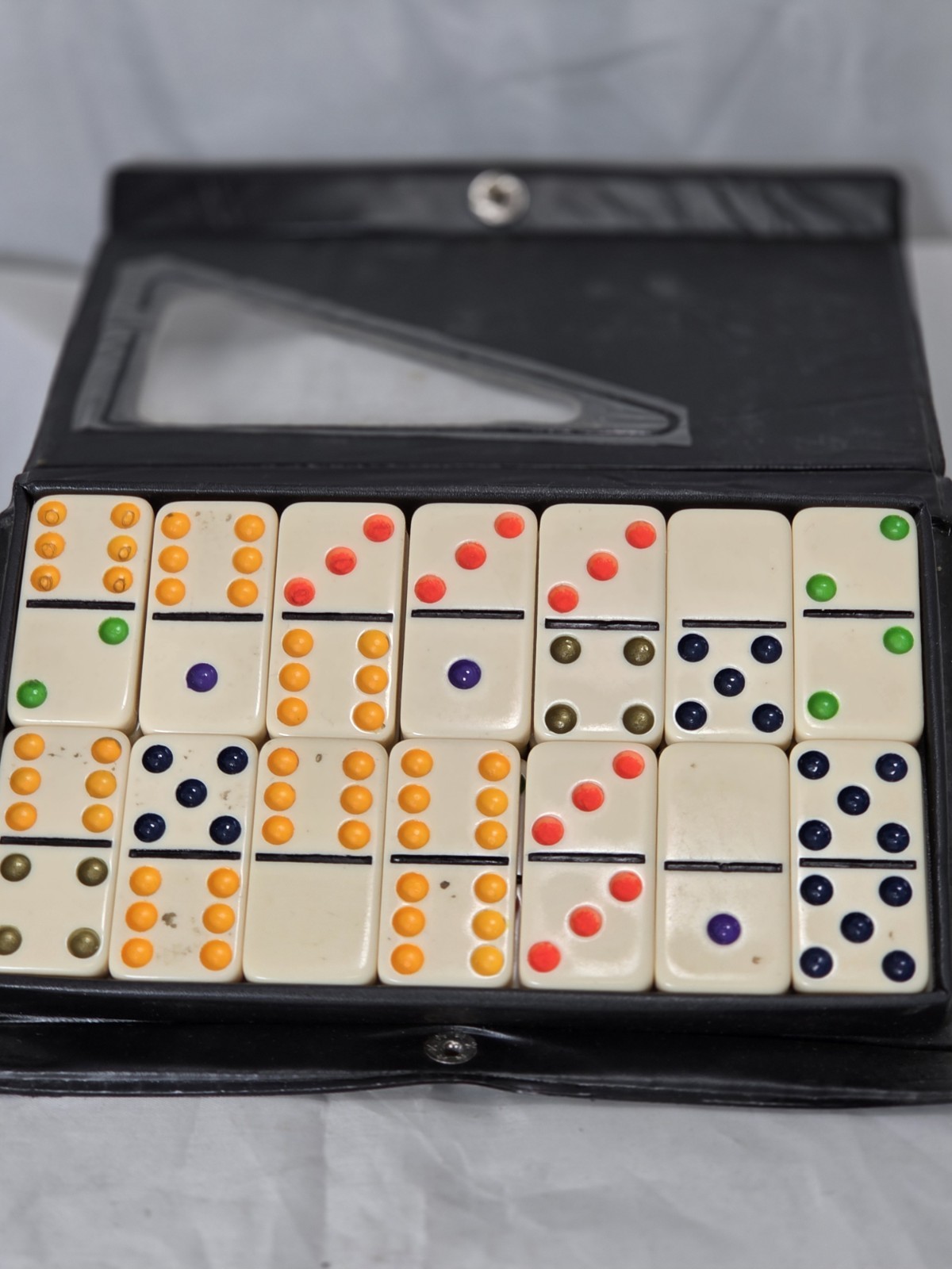 VINTAGE Dbl Six Jumbo Domino Set In Case 28 Pieces ,Ivory & Bright Colors.