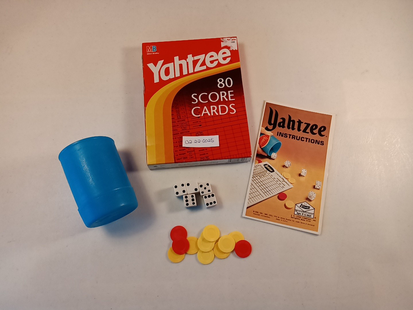 Vtg.Yahtzee Replacement Parts: Cup, 5 Dice, Chips, Manual,& Sealed Score Cards