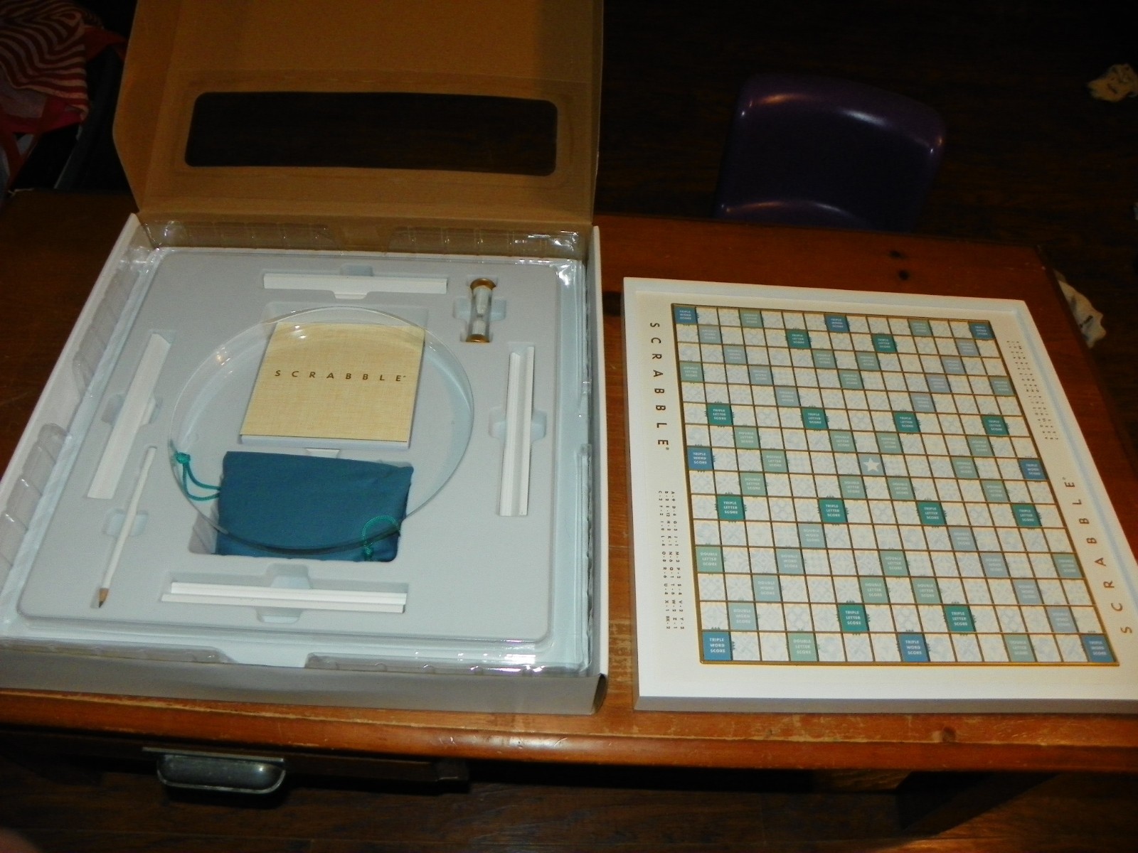 WS Game Company Scrabble Bianco Edition with Rotating Wooden Game Board NEW