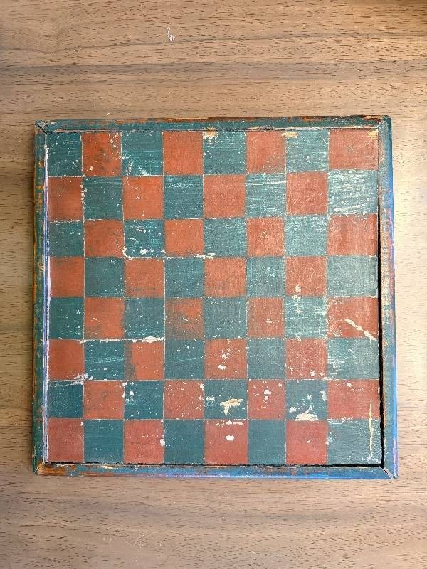 Vintage Wooden Checkerboard Board – Red & Teal Squares Framed