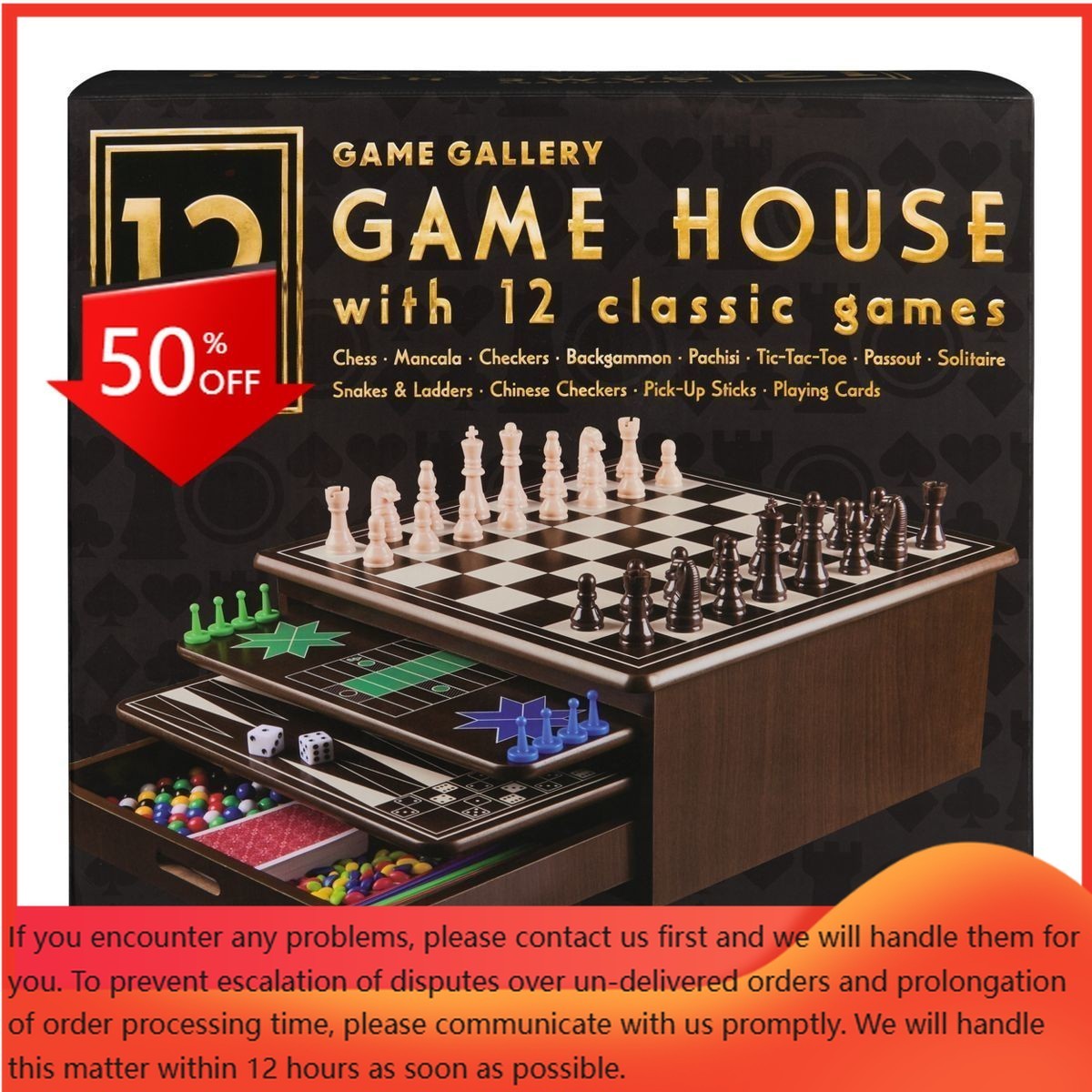 Game Gallery 12 Classic Games in Wooden Storage House, Styles May Vary