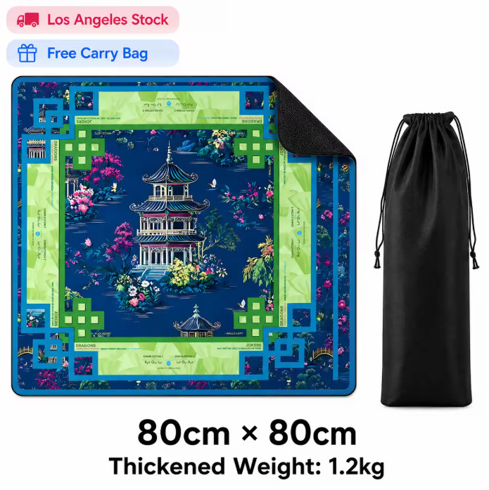 80x80cm Thickened Mahjong Table Mat Night View Garden Pavilions Non-Slip Rubber