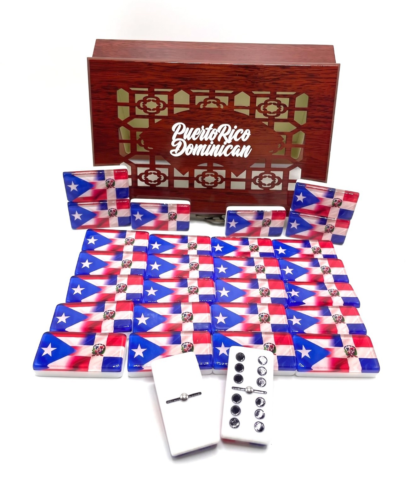 Premium Double Six Dominoes Set – Puerto Rico & Dominican Republic Flags – Resin