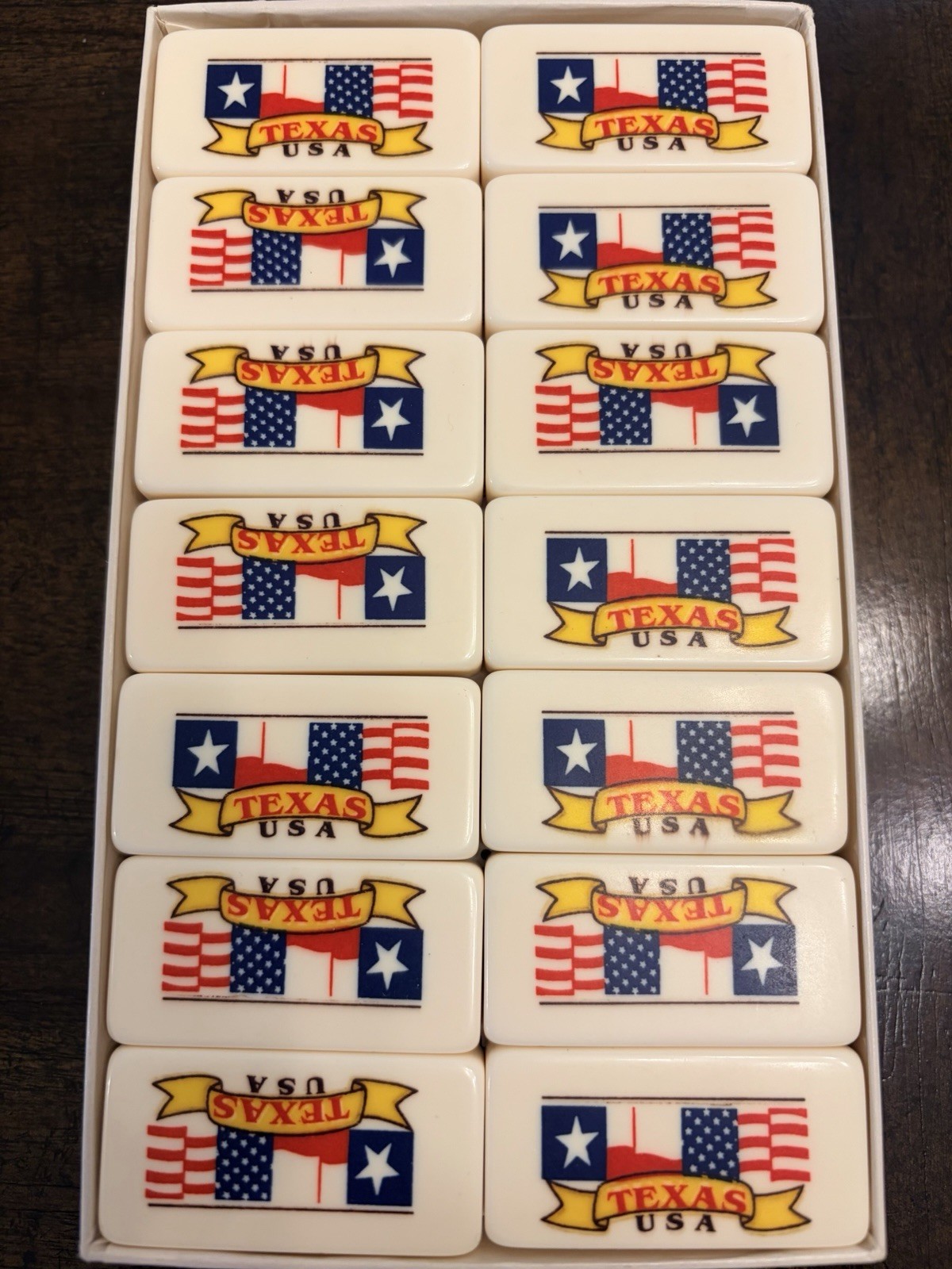 Vtg RARE Puremco Professional Extra Thick Marblelike Dominoes Texas & USA Flag