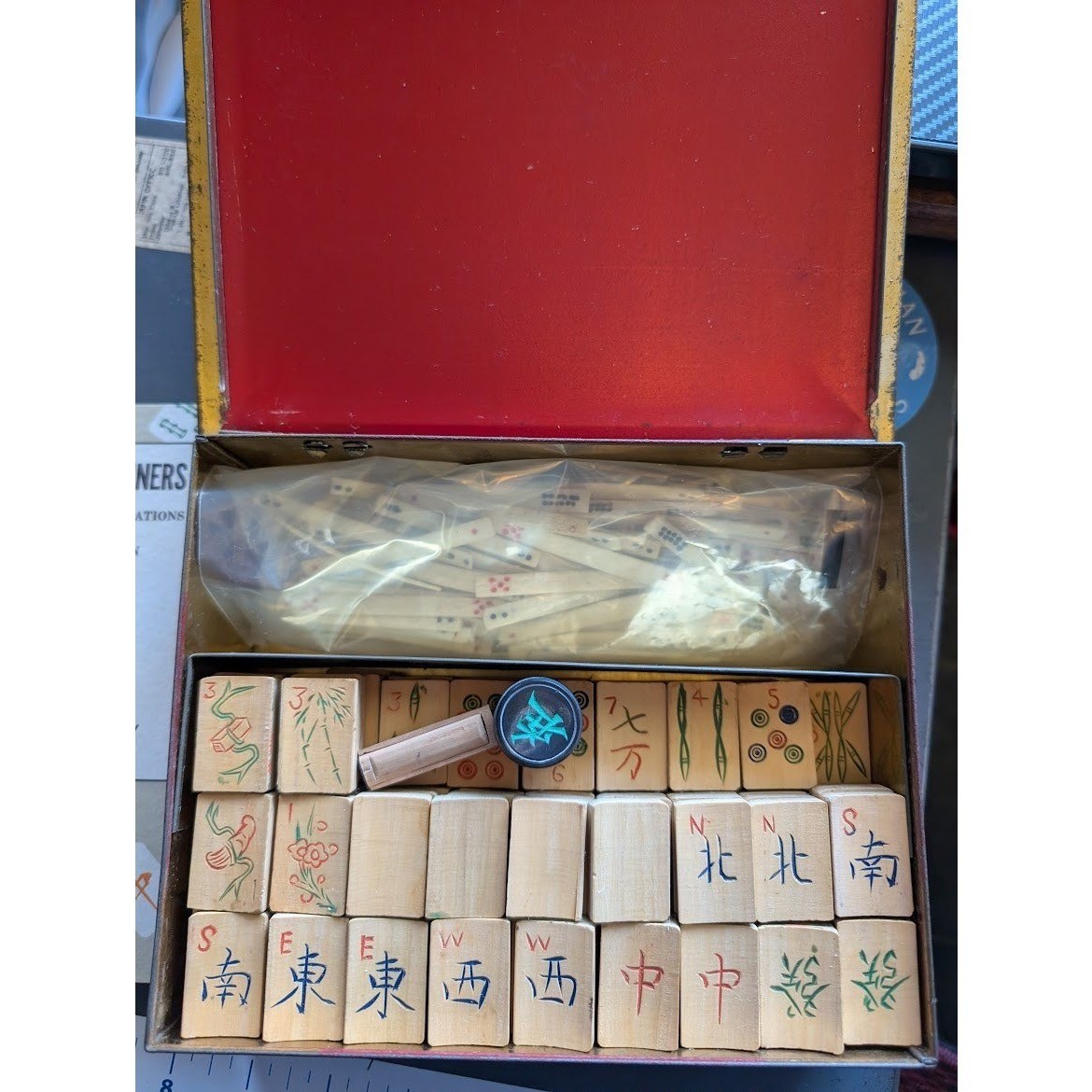 Antique 20s Admiral Mahjong Set Bone Bamboo Tiles Sticks Tin Box Hand Carved