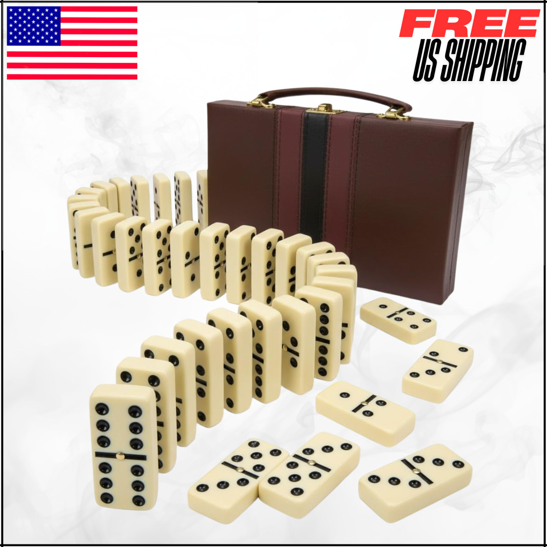 Jumbo Double Six Dominoes Set 28 White Tiles In Faux Leather Case