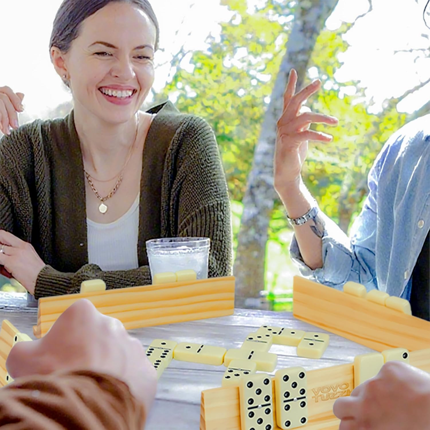 Jumbo Double 6 Dominoes Set for Adults Kids 28 Ivory Domino Tiles with 4 Wood…