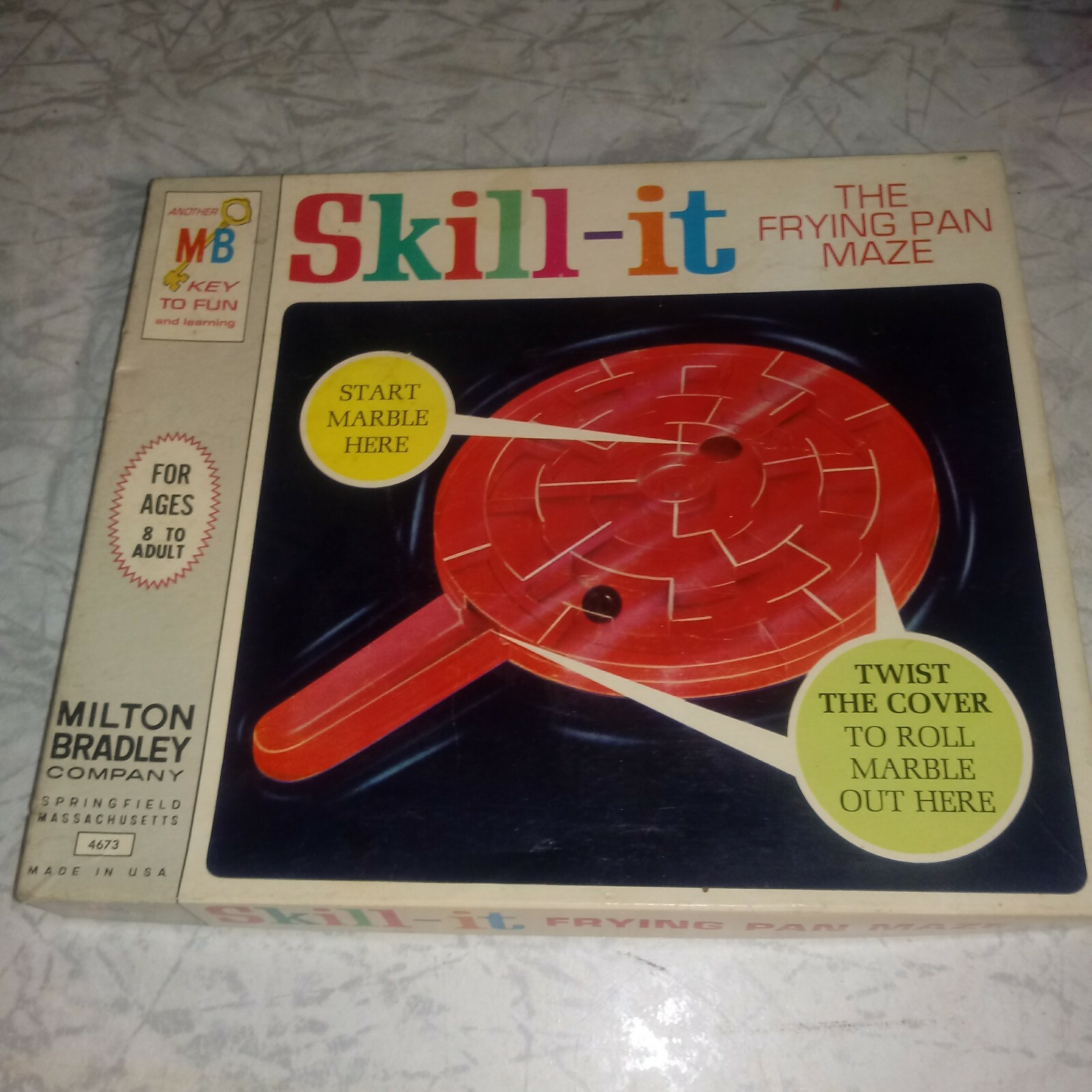 Vintage 1966 Milton Bradley Skill-it Frying Pan Maze Game, Original Box & Marble